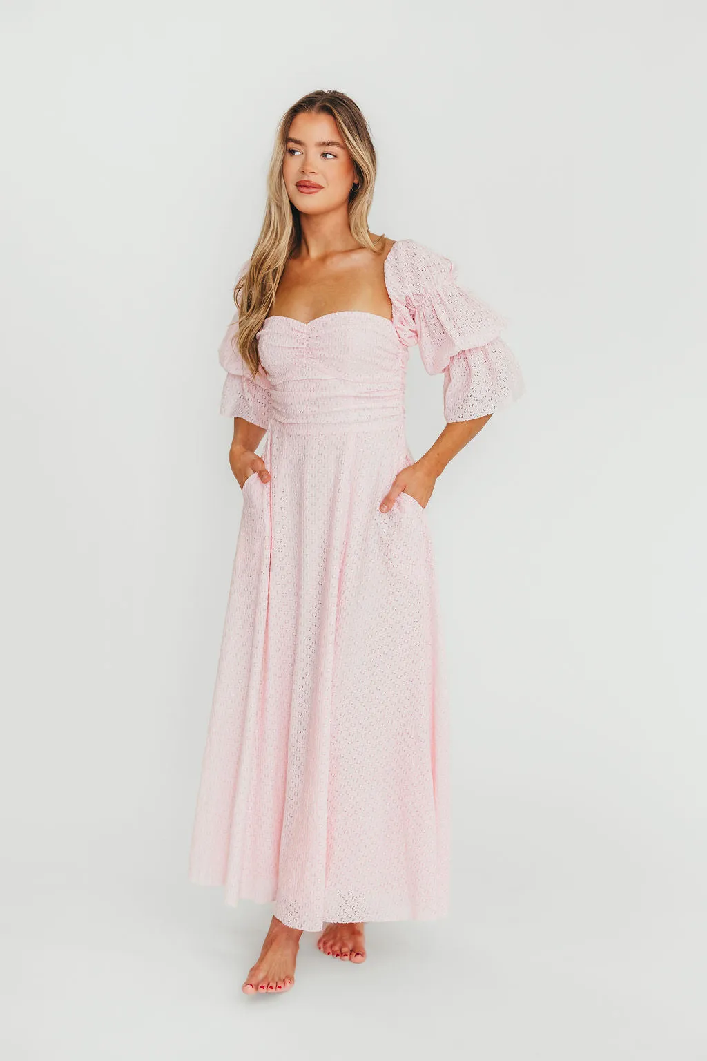 Corrine Tiered Sleeve Maxi Dress with Pockets in Baby Pink - Bump Friendly - PRE-ORDER