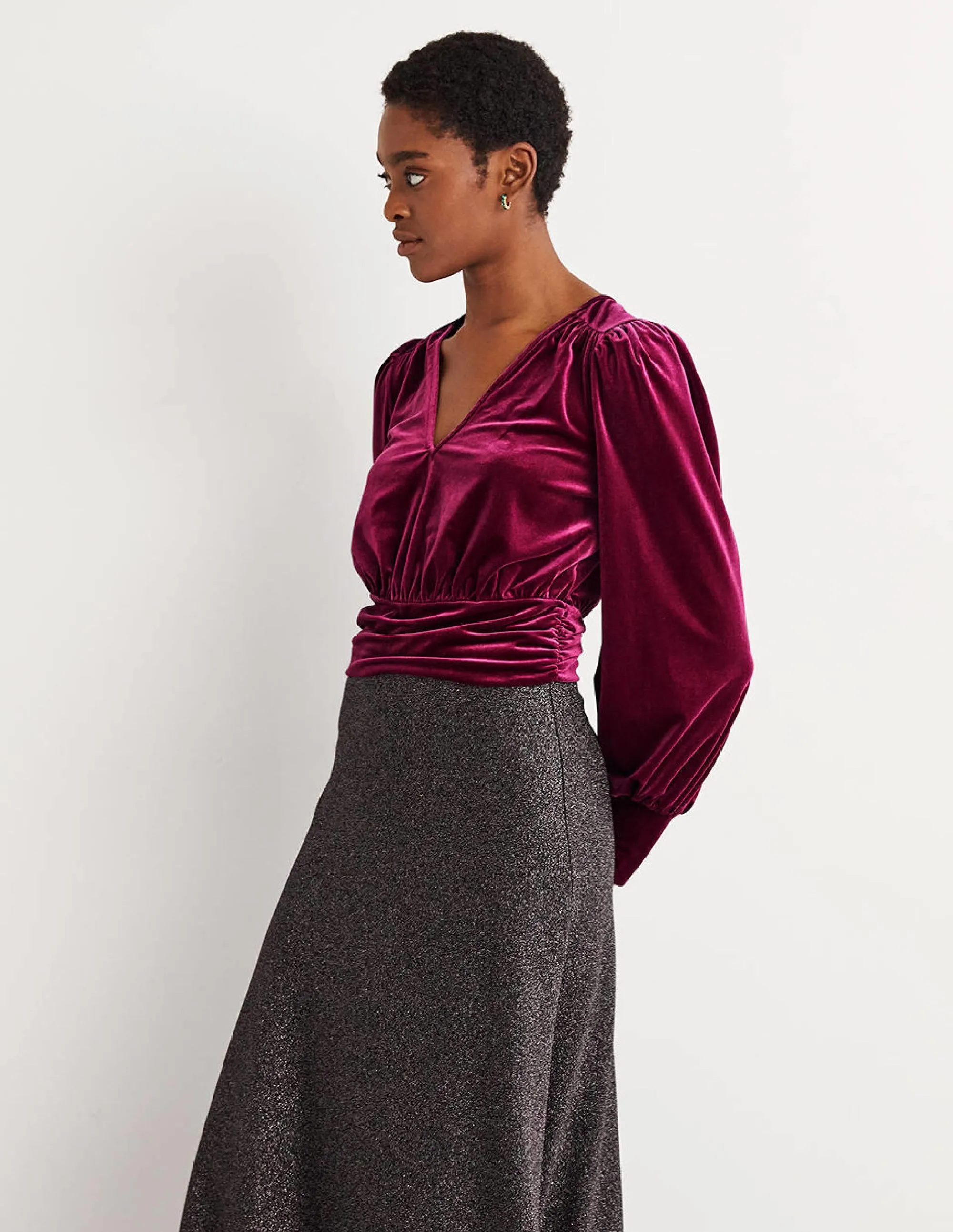 Cropped Velvet Blouson Top-Mulled Wine Purple