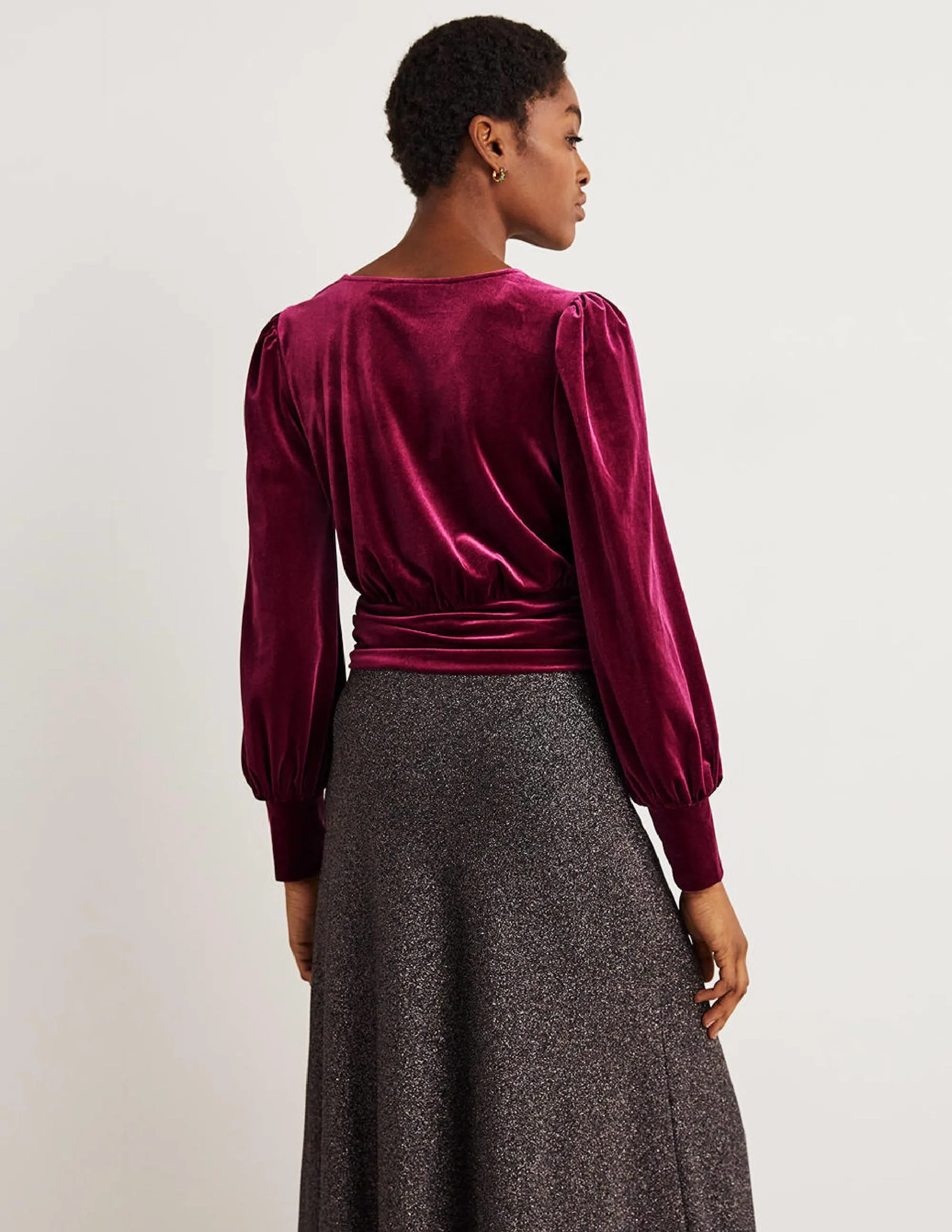 Cropped Velvet Blouson Top-Mulled Wine Purple