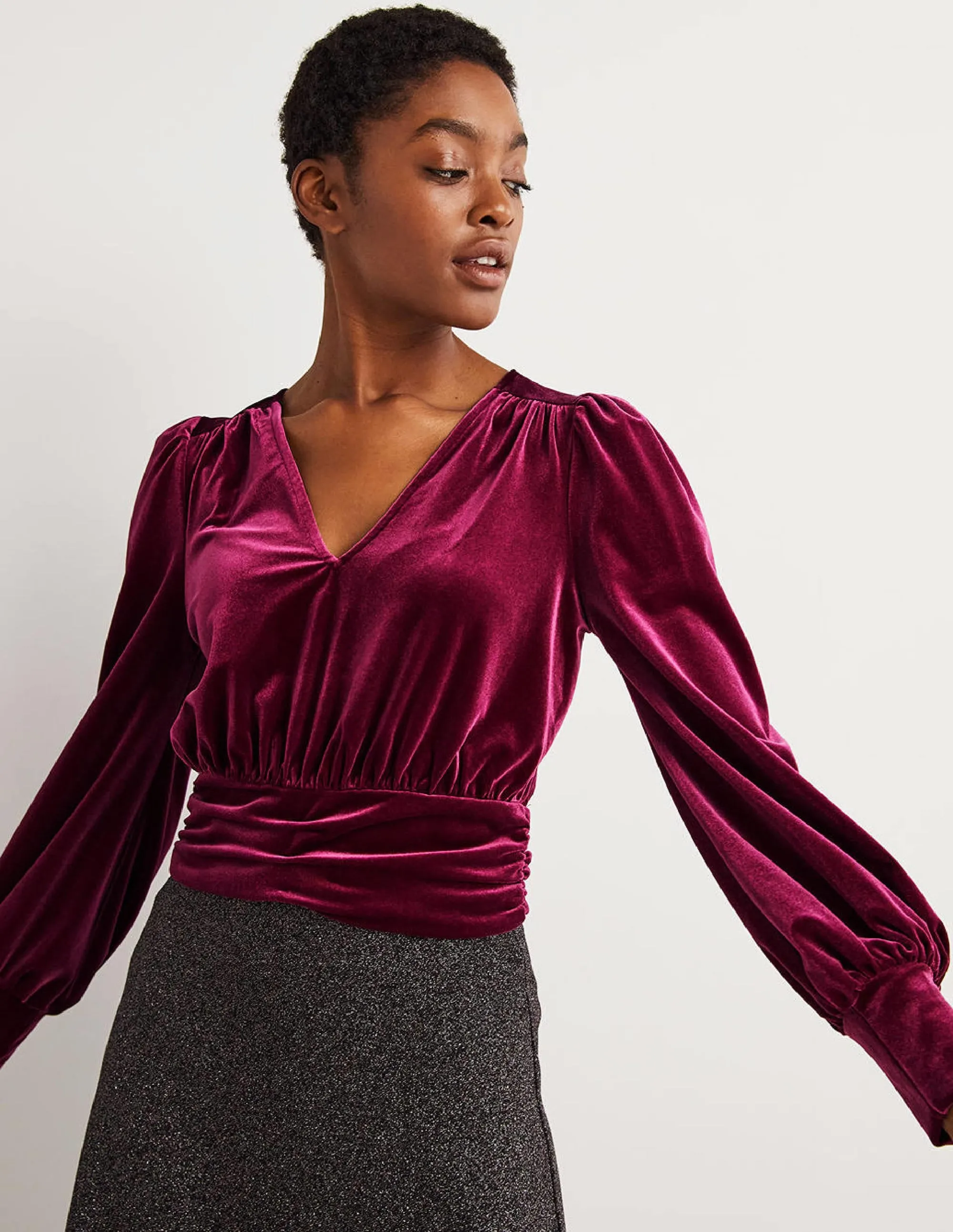 Cropped Velvet Blouson Top-Mulled Wine Purple