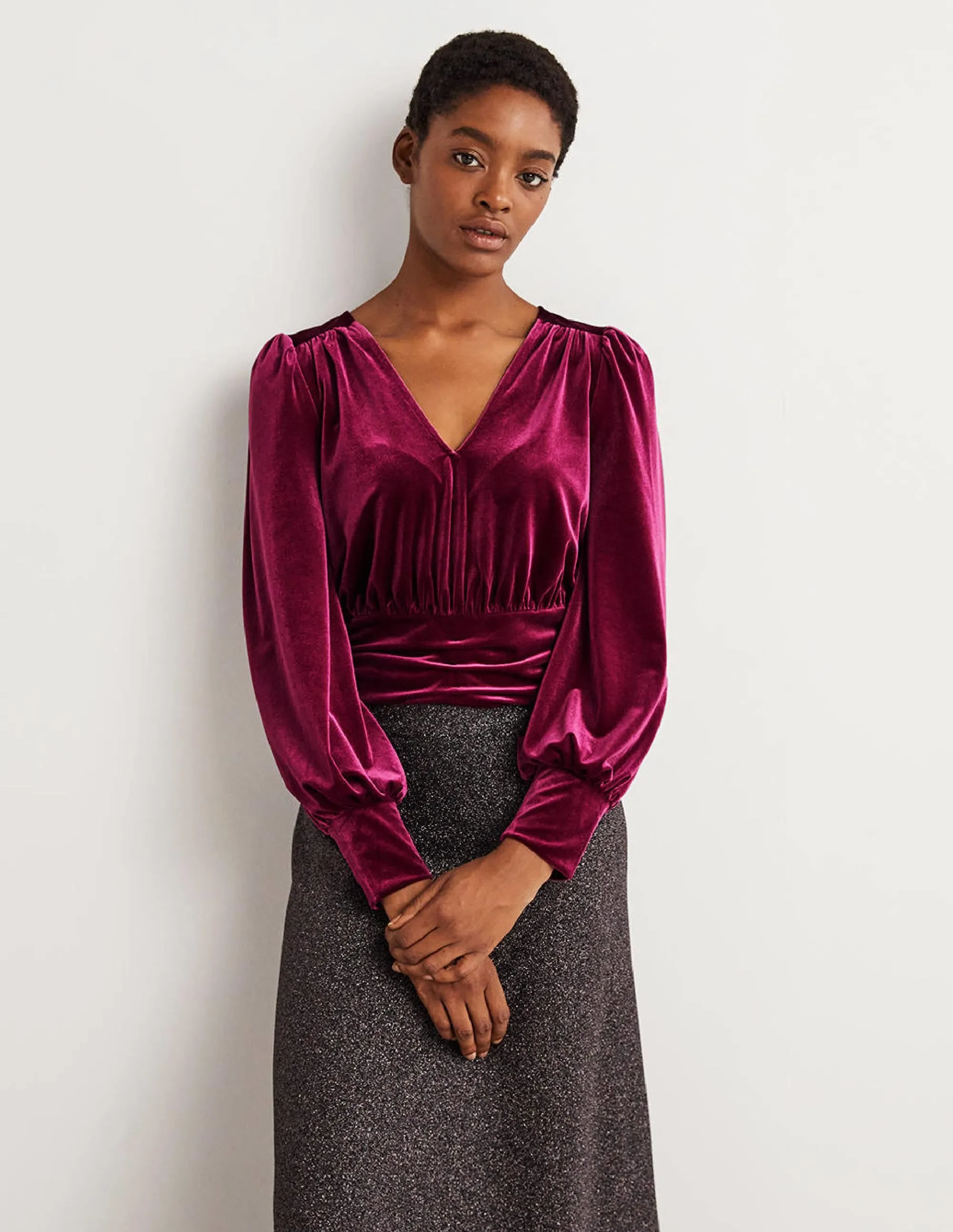 Cropped Velvet Blouson Top-Mulled Wine Purple
