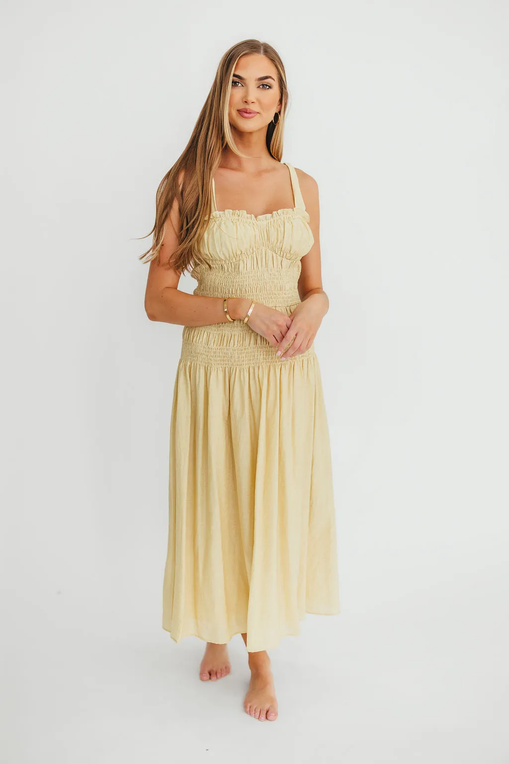 Della Adjustable Tie Midi Dress in Yellow
