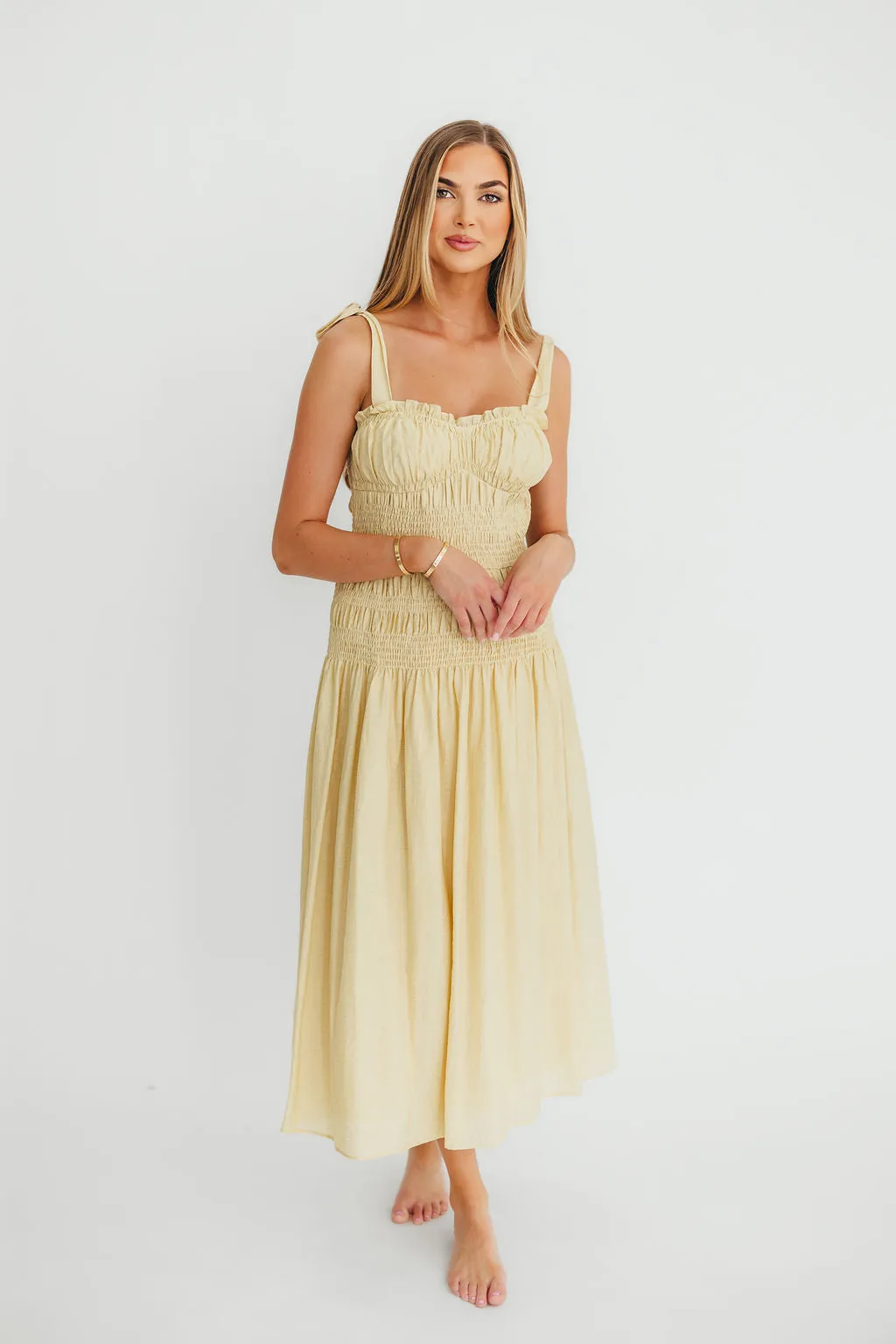 Della Adjustable Tie Midi Dress in Yellow