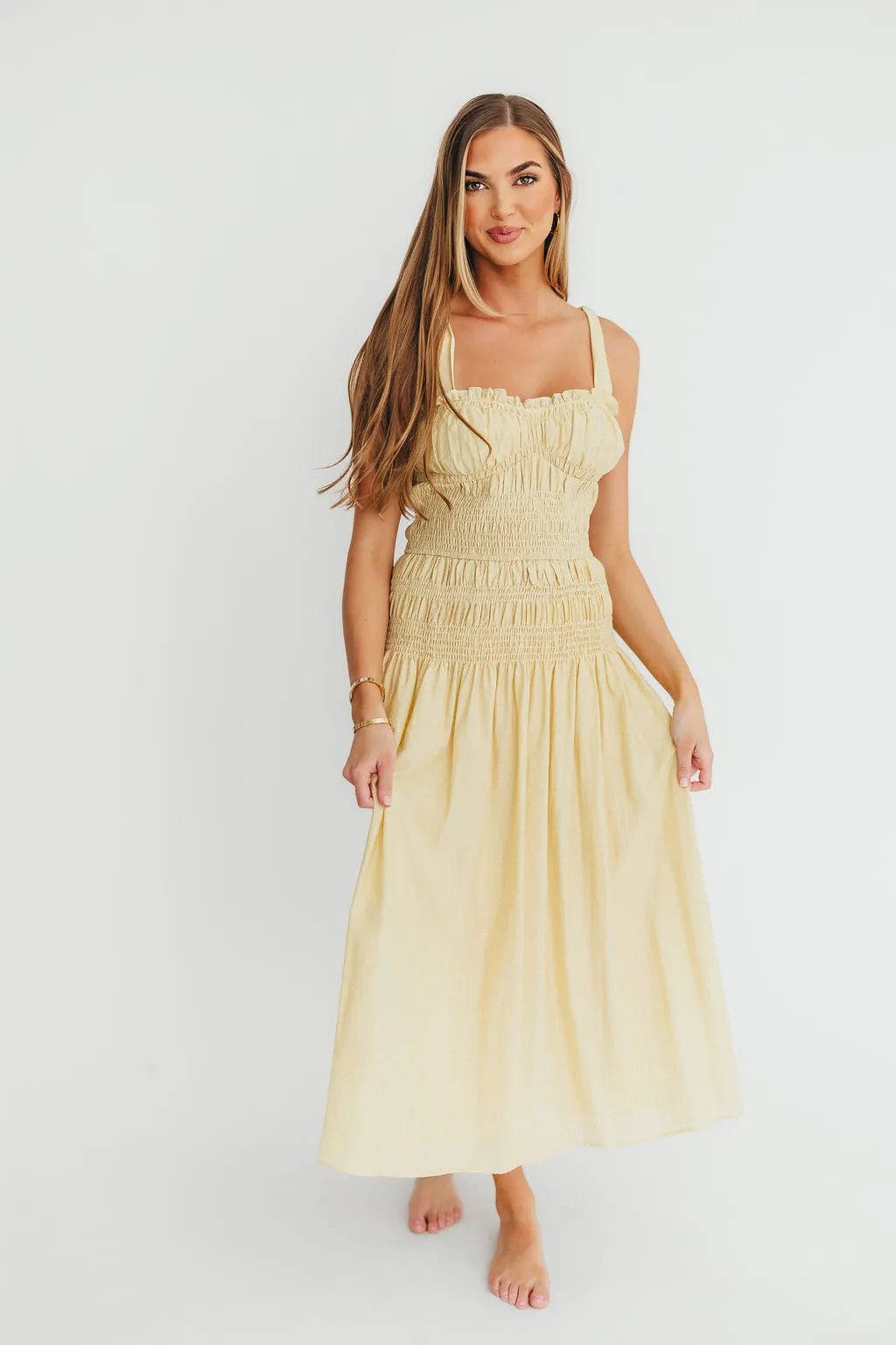 Della Adjustable Tie Midi Dress in Yellow
