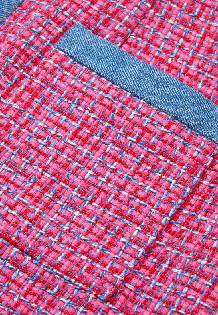 Denim-trim Fuchsia Checked Mix-tweed Dress