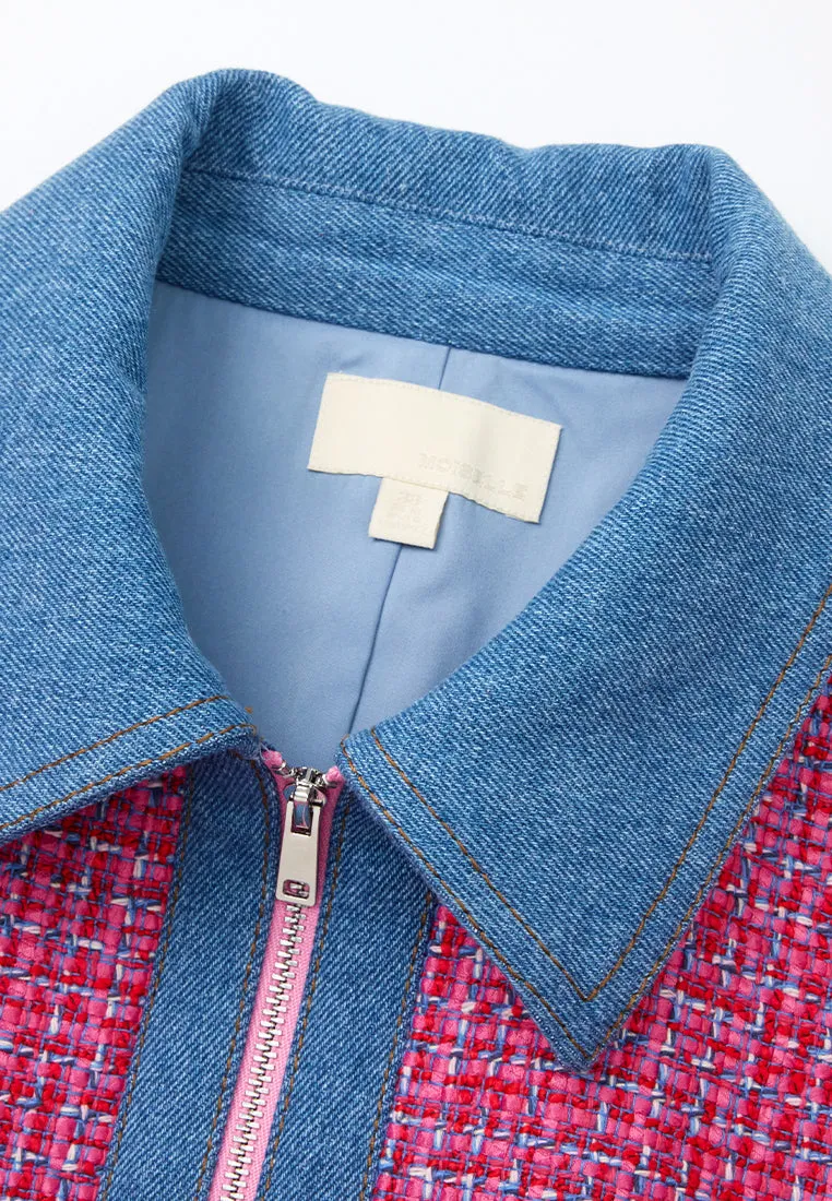 Denim-trim Fuchsia Checked Mix-tweed Dress