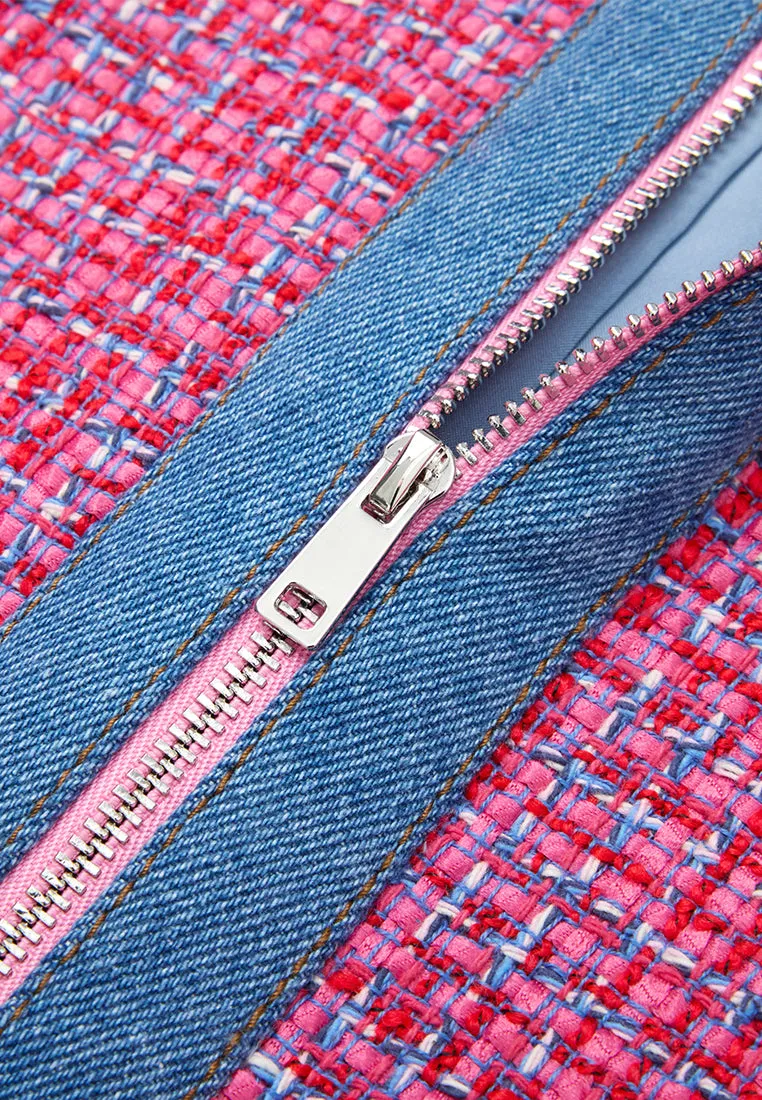 Denim-trim Fuchsia Checked Mix-tweed Dress