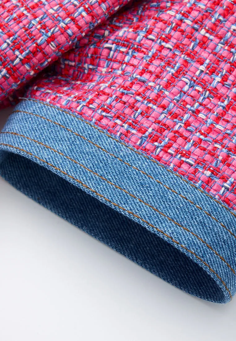 Denim-trim Fuchsia Checked Mix-tweed Dress