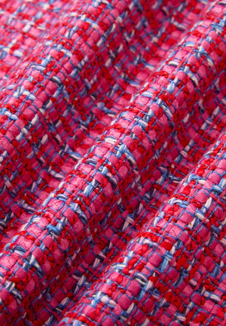 Denim-trim Fuchsia Checked Mix-tweed Dress