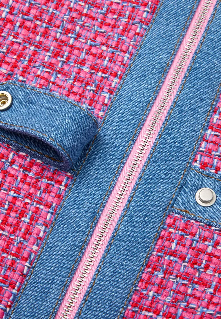 Denim-trim Fuchsia Checked Mix-tweed Dress