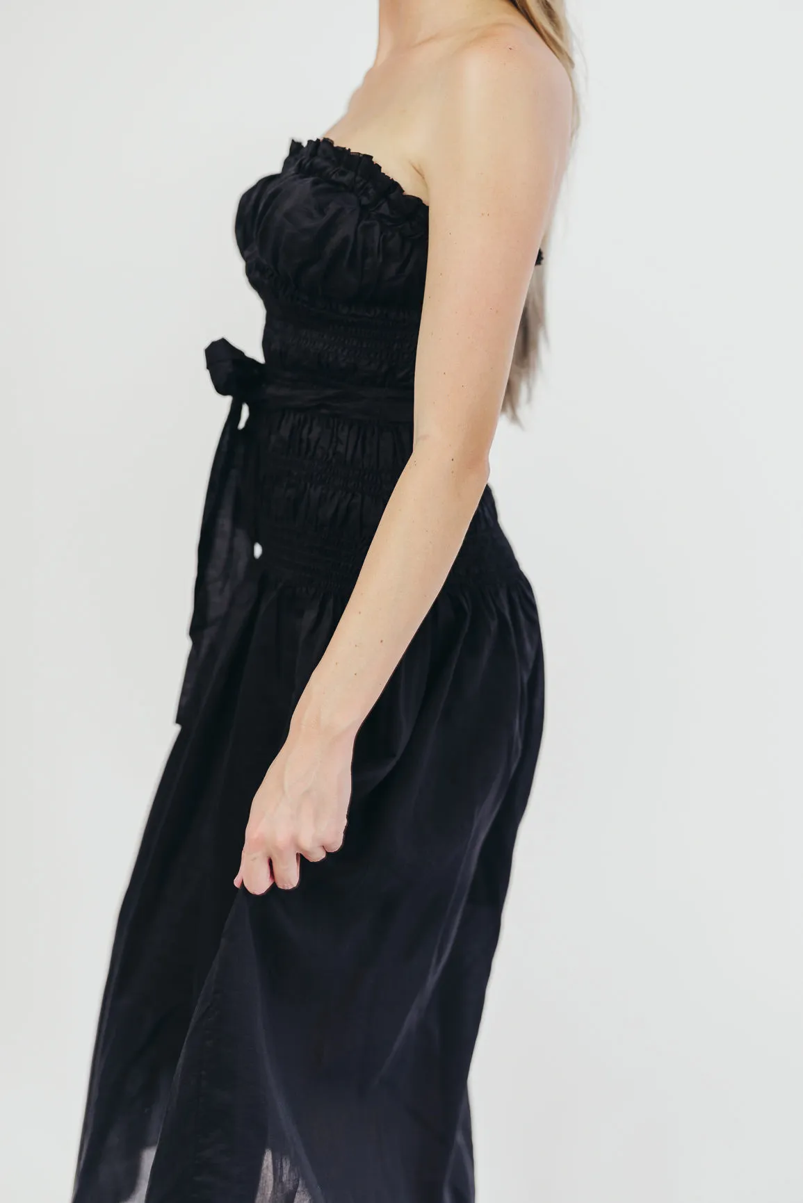 Devin Strapless Midi Dress with Sash in Black