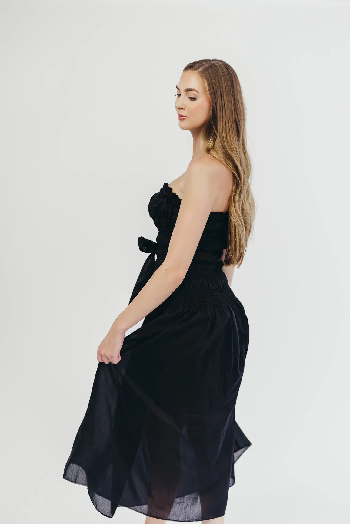 Devin Strapless Midi Dress with Sash in Black