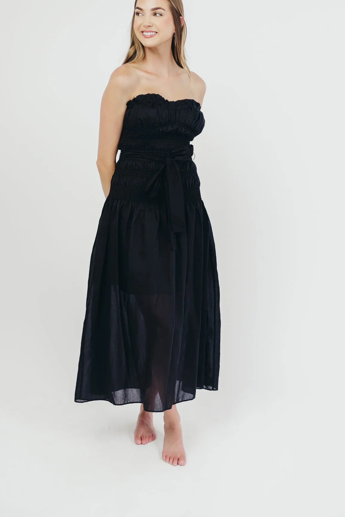 Devin Strapless Midi Dress with Sash in Black