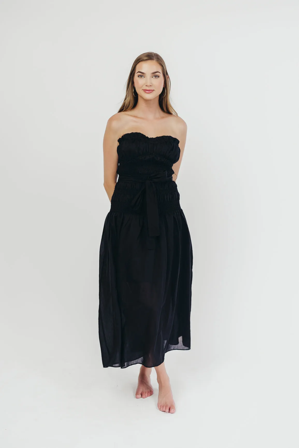 Devin Strapless Midi Dress with Sash in Black