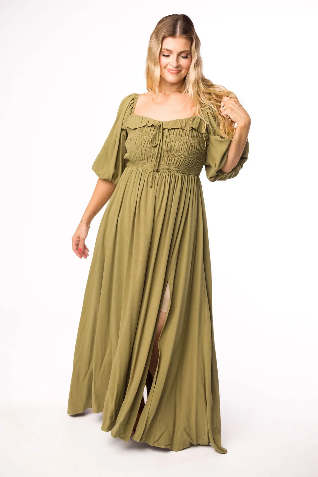 Devon Smocked Maxi Dress in Light Olive - Bump Friendly