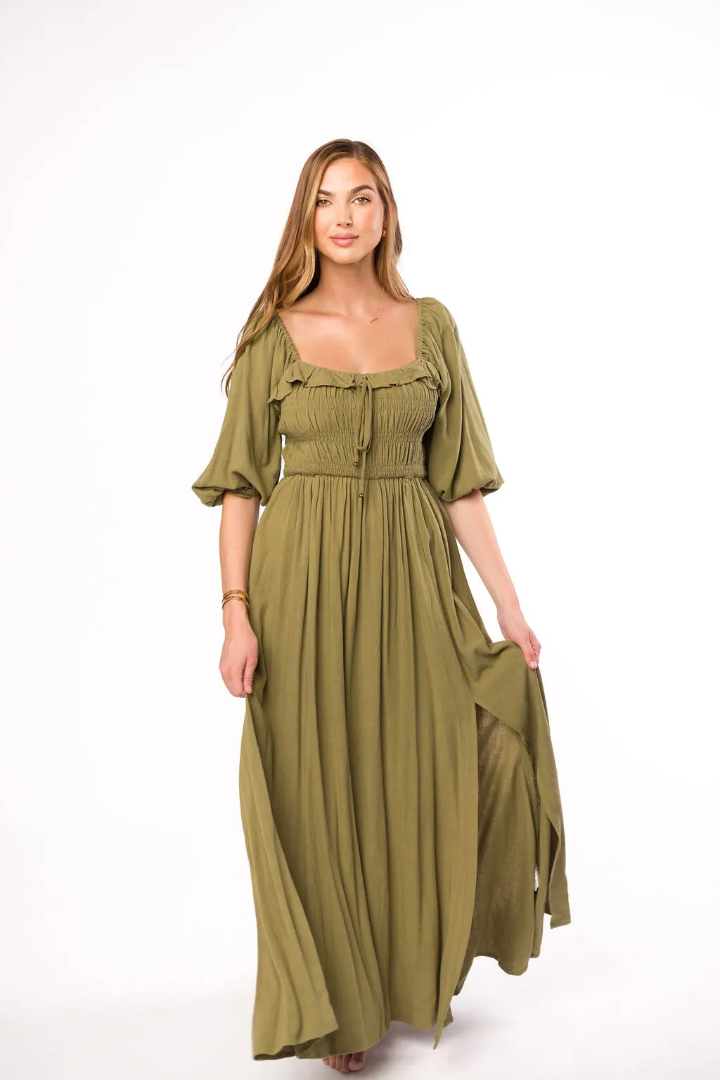 Devon Smocked Maxi Dress in Light Olive - Bump Friendly