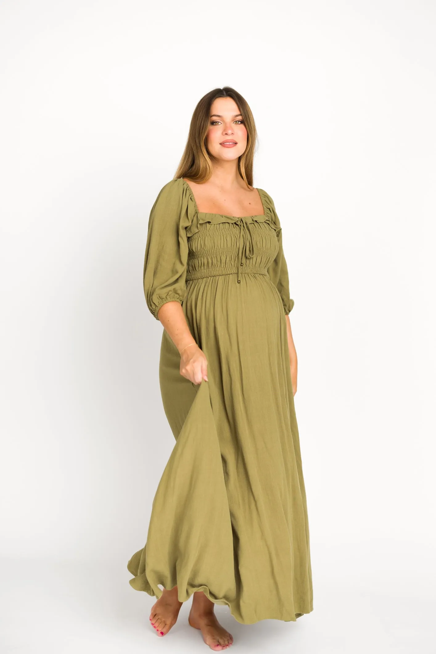 Devon Smocked Maxi Dress in Light Olive - Bump Friendly