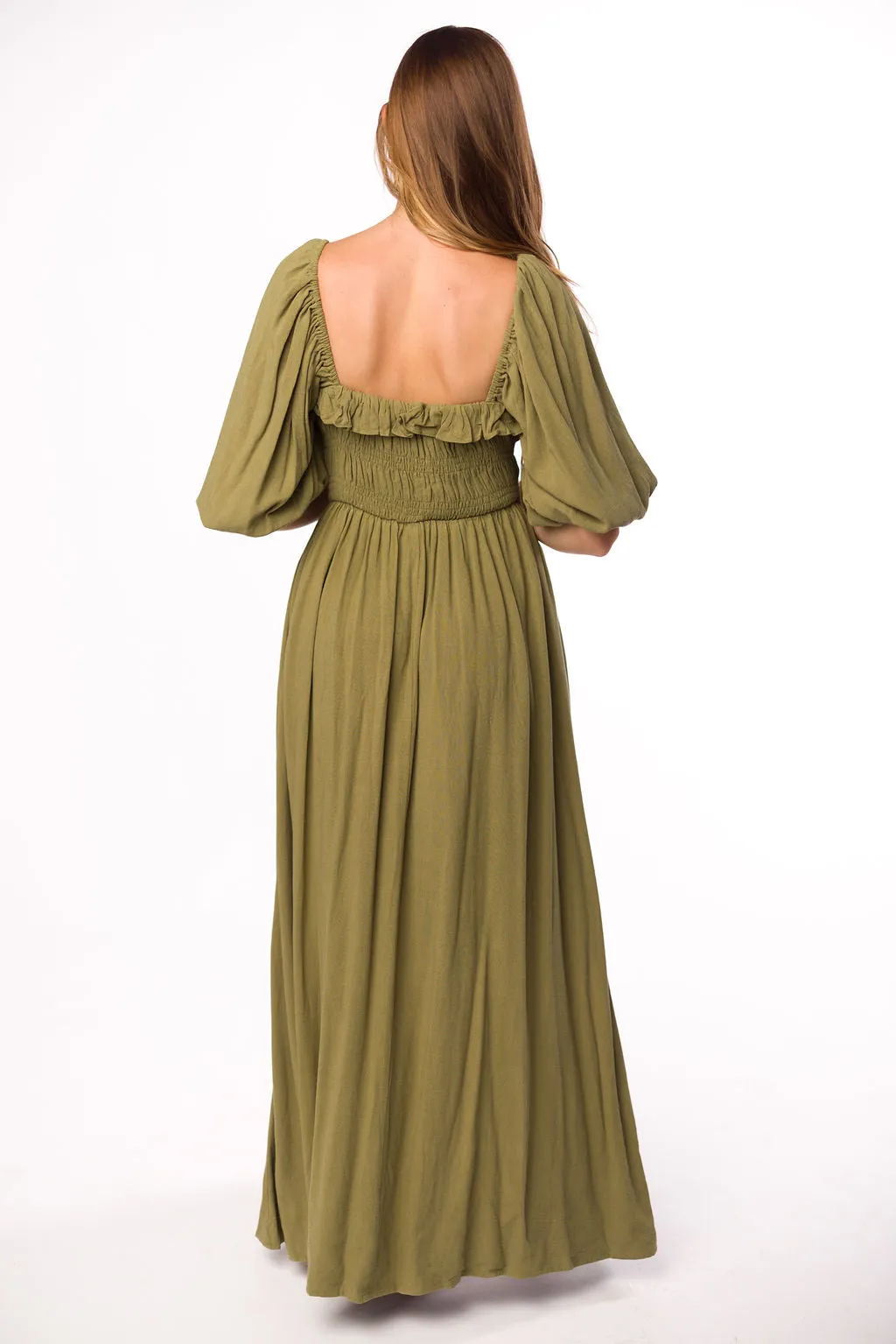 Devon Smocked Maxi Dress in Light Olive - Bump Friendly