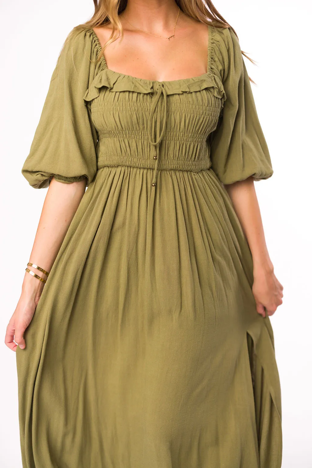 Devon Smocked Maxi Dress in Light Olive - Bump Friendly