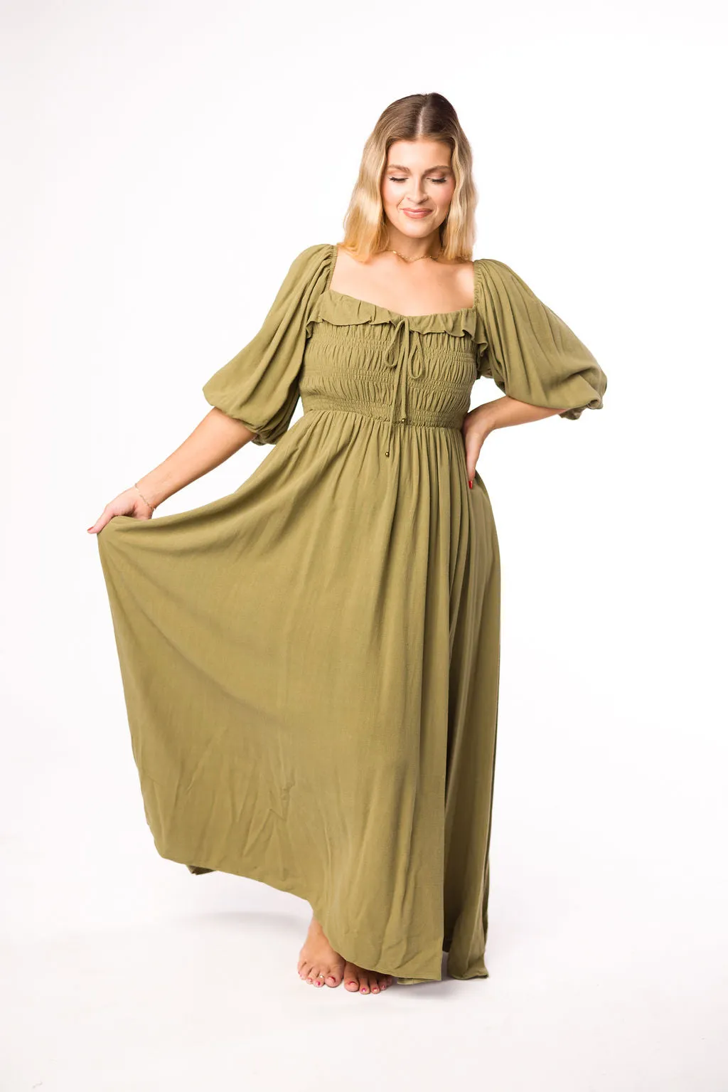 Devon Smocked Maxi Dress in Light Olive - Bump Friendly