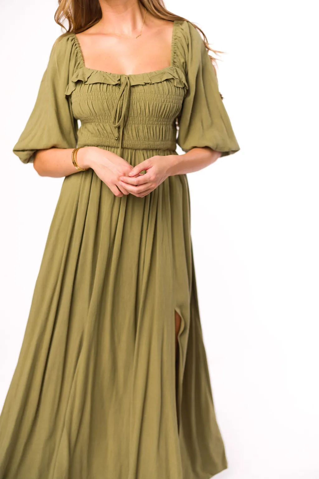Devon Smocked Maxi Dress in Light Olive - Bump Friendly