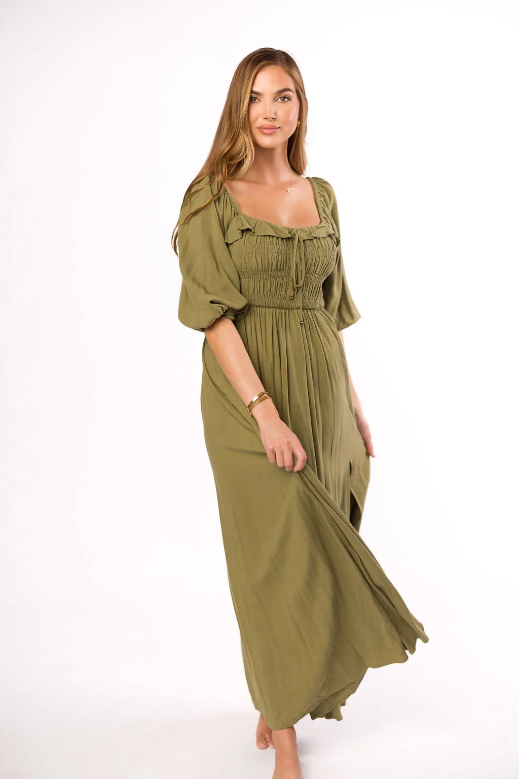 Devon Smocked Maxi Dress in Light Olive - Bump Friendly