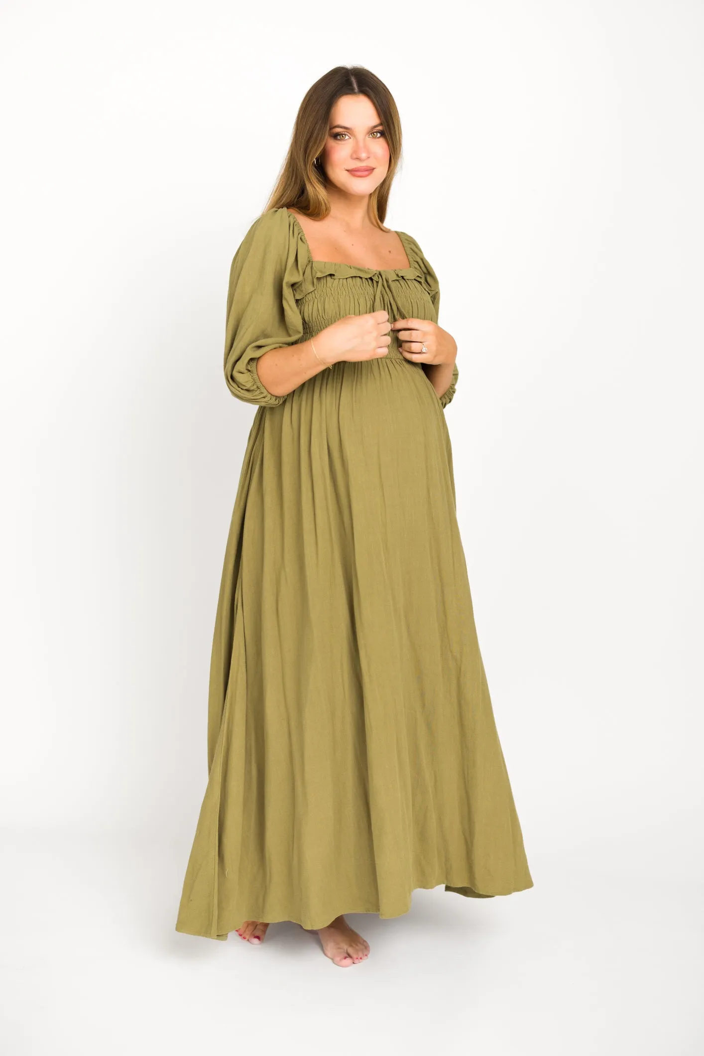 Devon Smocked Maxi Dress in Light Olive - Bump Friendly