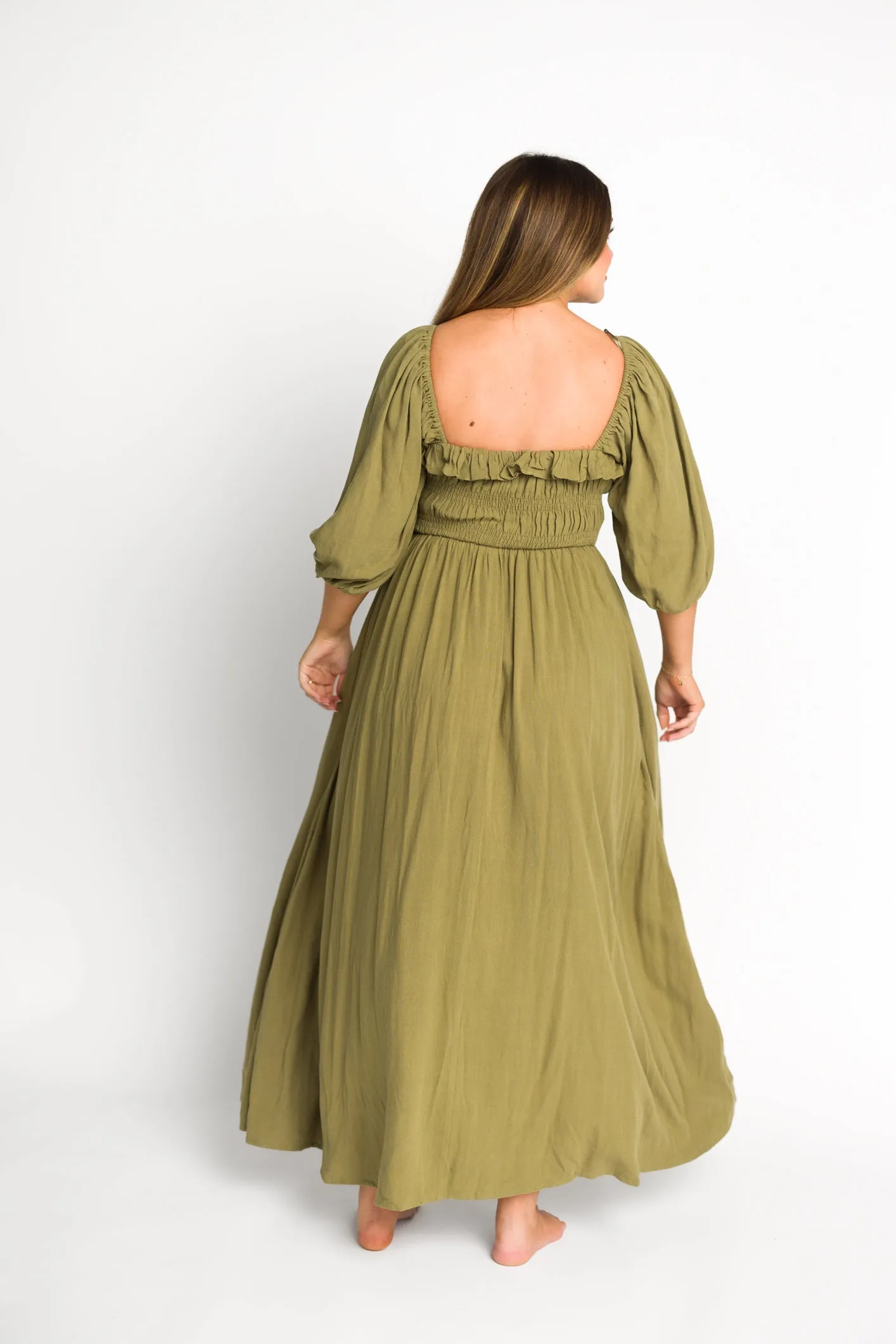Devon Smocked Maxi Dress in Light Olive - Bump Friendly