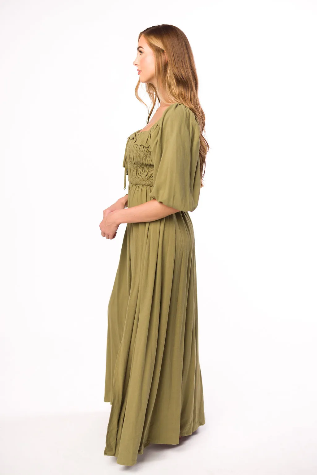 Devon Smocked Maxi Dress in Light Olive - Bump Friendly