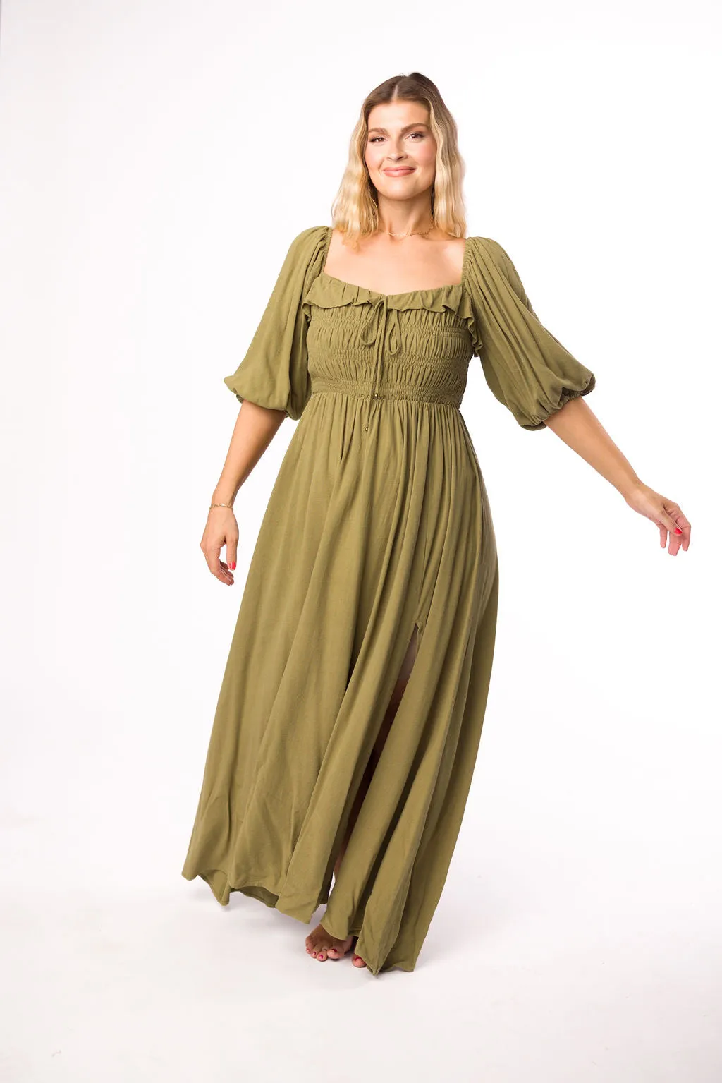 Devon Smocked Maxi Dress in Light Olive - Bump Friendly