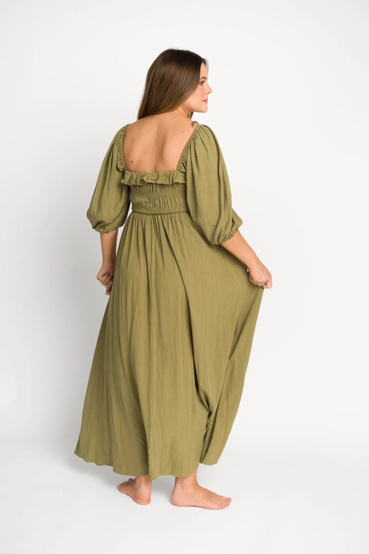 Devon Smocked Maxi Dress in Light Olive - Bump Friendly