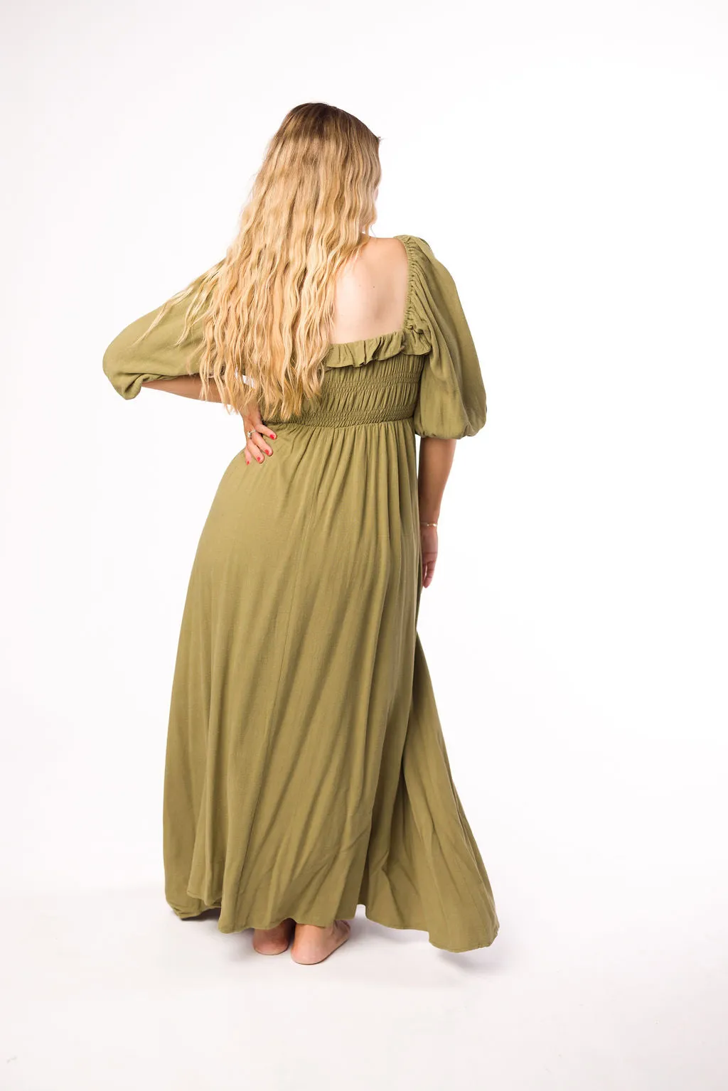 Devon Smocked Maxi Dress in Light Olive - Bump Friendly