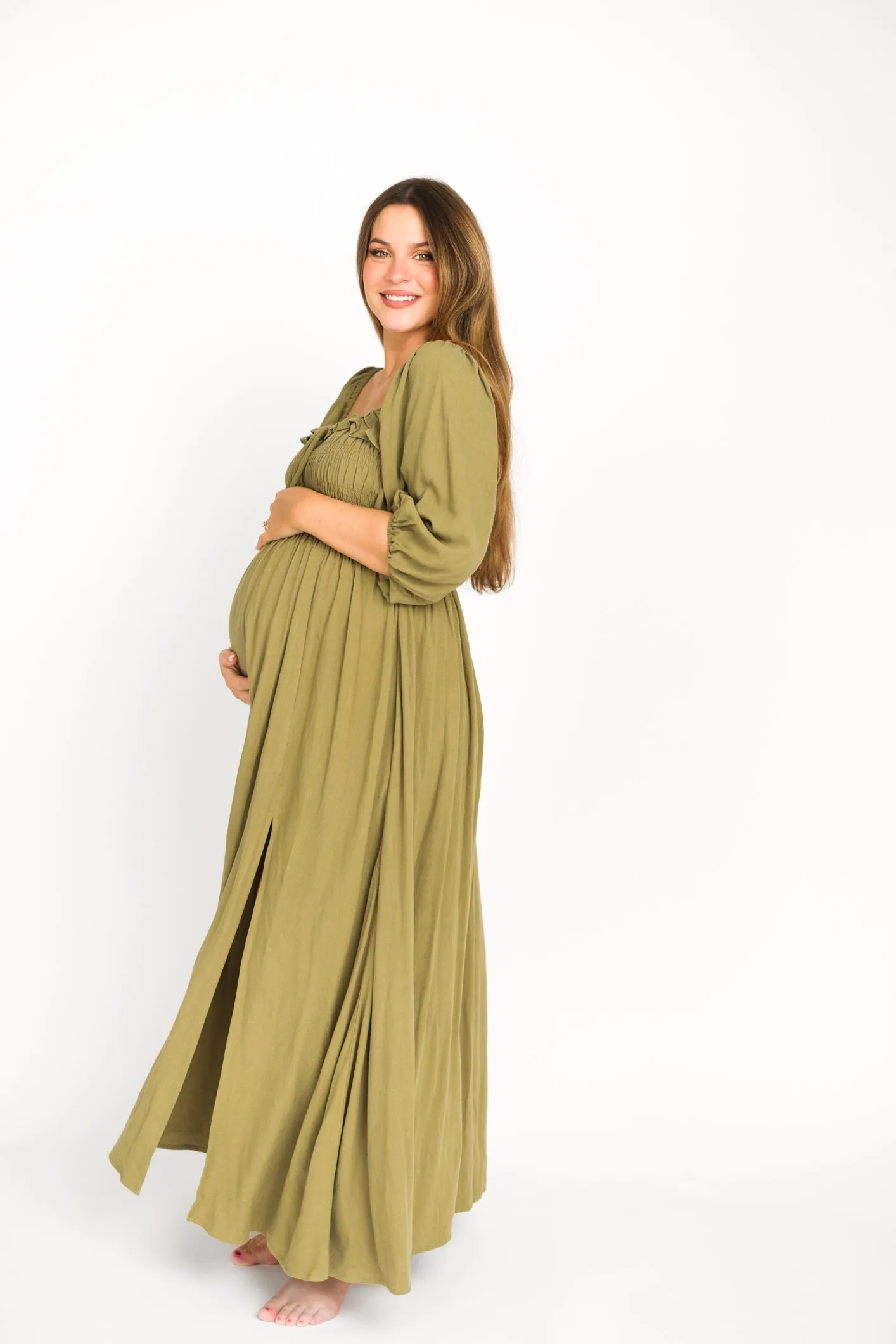 Devon Smocked Maxi Dress in Light Olive - Bump Friendly