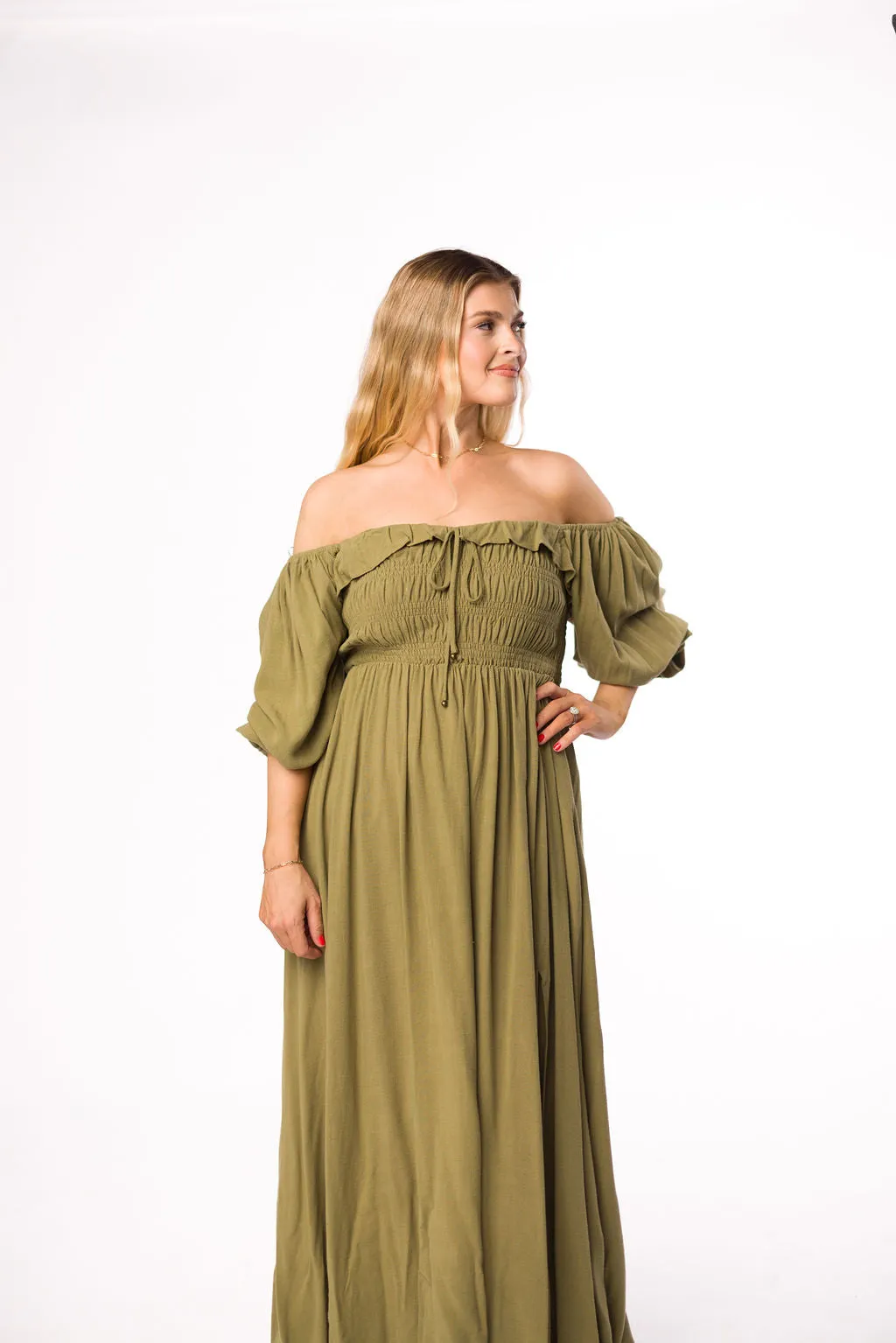 Devon Smocked Maxi Dress in Light Olive - Bump Friendly