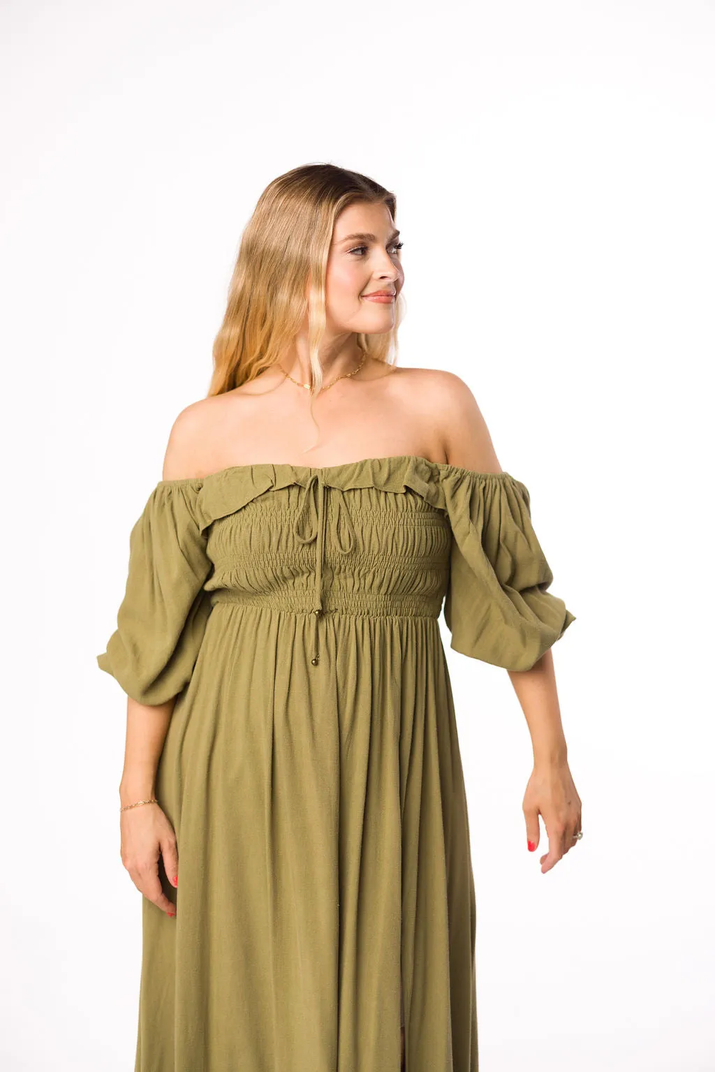 Devon Smocked Maxi Dress in Light Olive - Bump Friendly