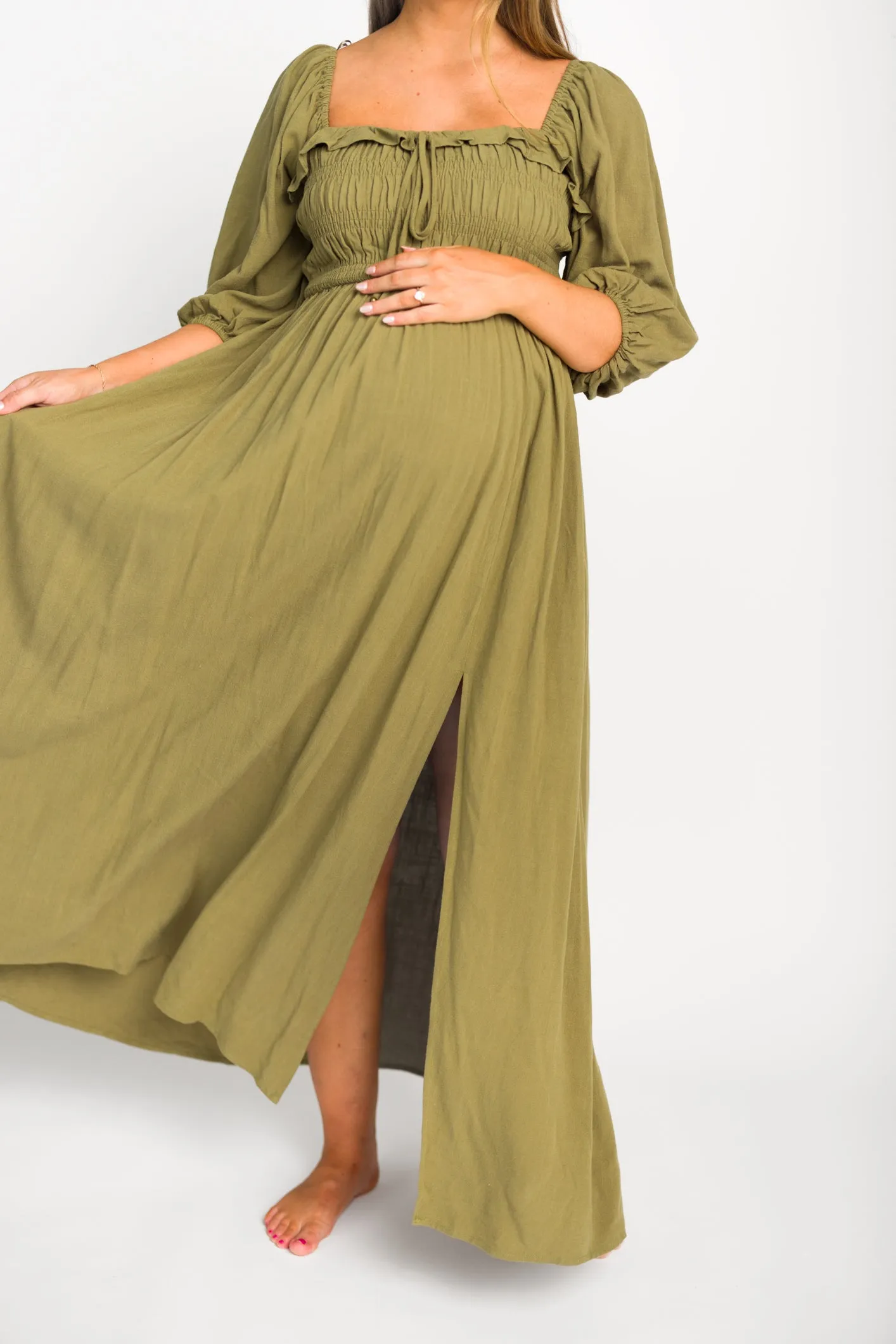 Devon Smocked Maxi Dress in Light Olive - Bump Friendly