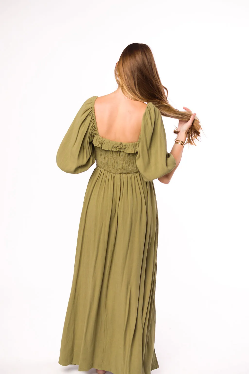 Devon Smocked Maxi Dress in Light Olive - Bump Friendly