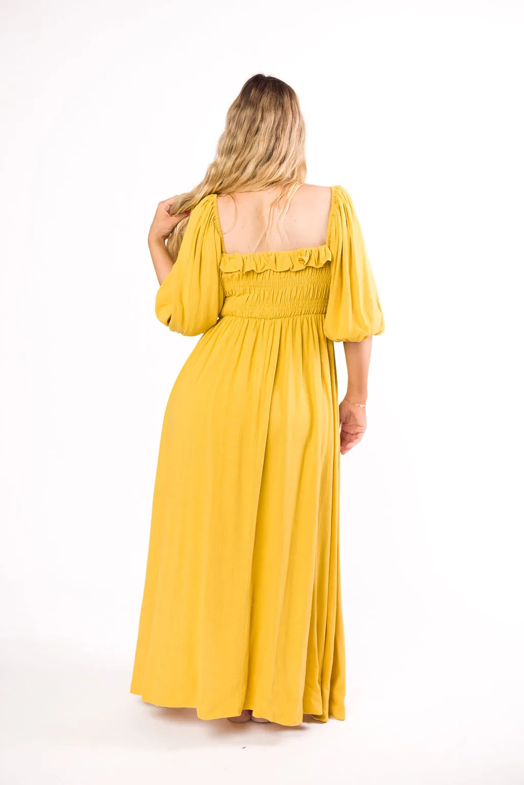 Devon Smocked Maxi Dress in Mustard - Bump Friendly