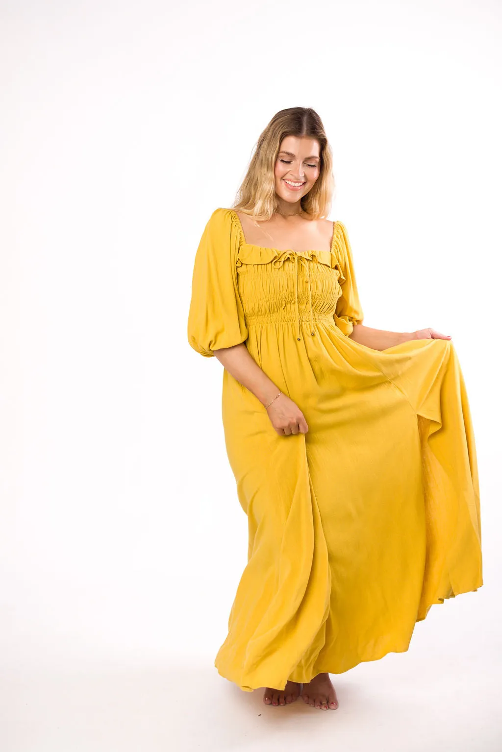 Devon Smocked Maxi Dress in Mustard - Bump Friendly