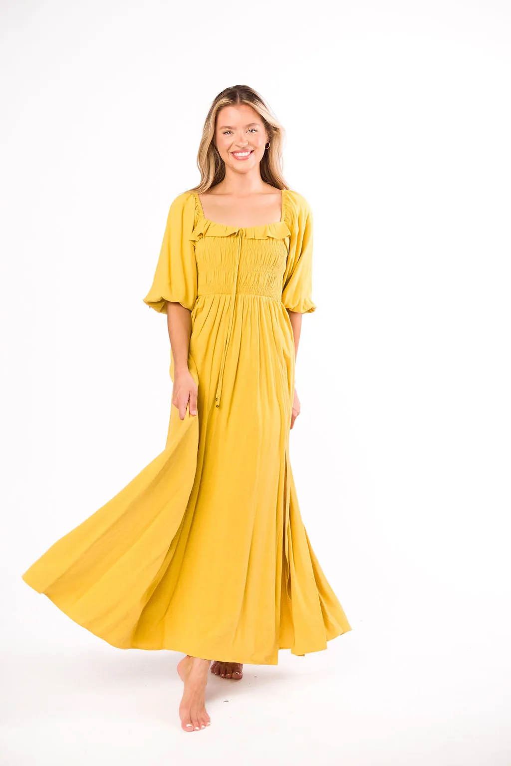 Devon Smocked Maxi Dress in Mustard - Bump Friendly