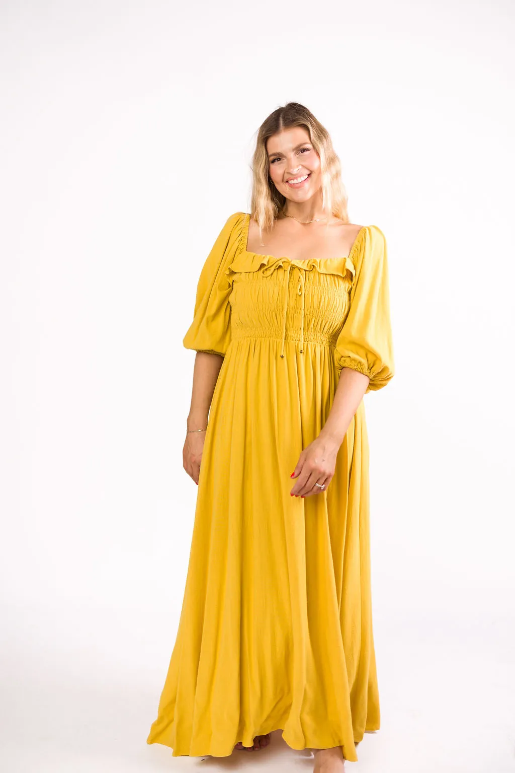 Devon Smocked Maxi Dress in Mustard - Bump Friendly