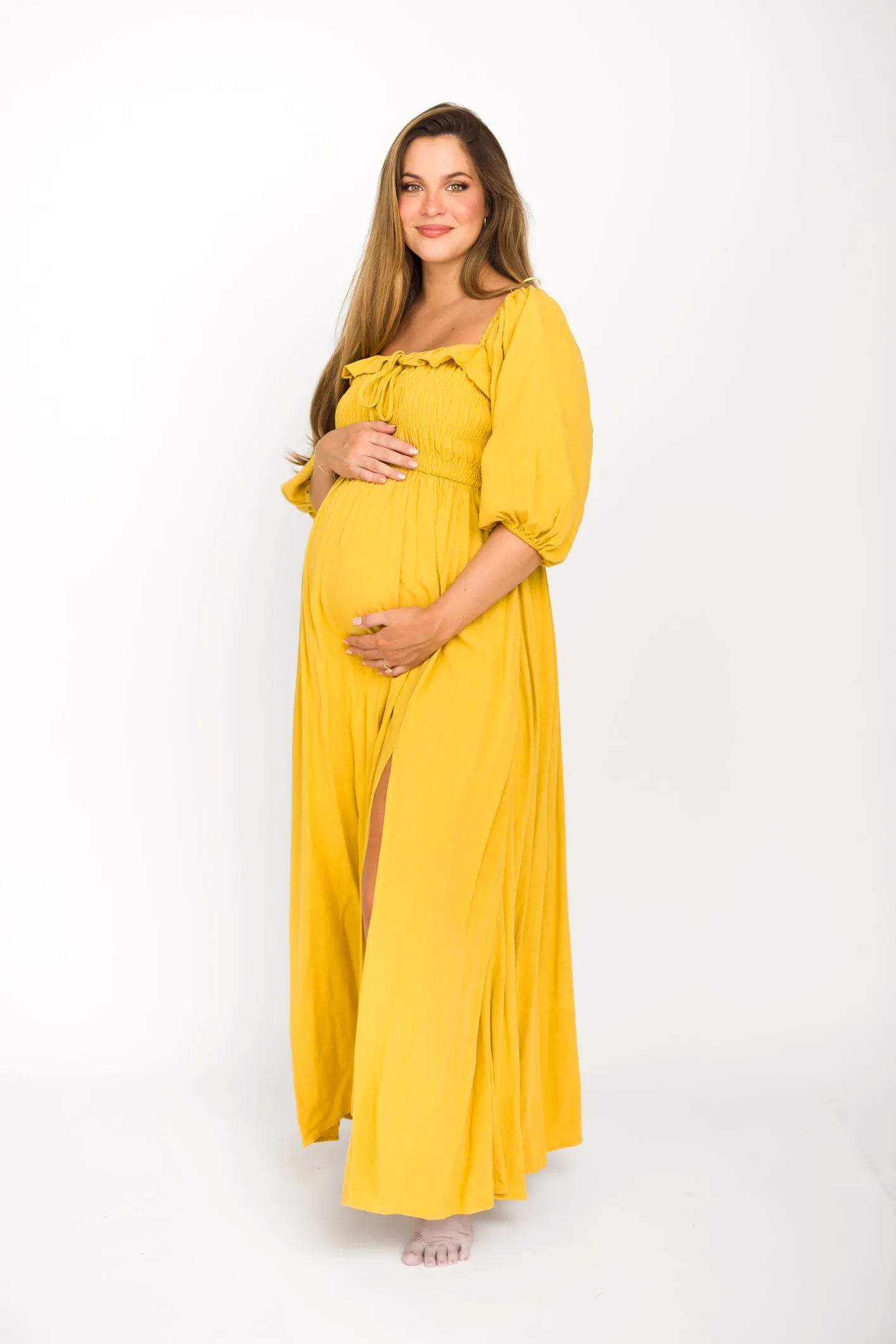 Devon Smocked Maxi Dress in Mustard - Bump Friendly
