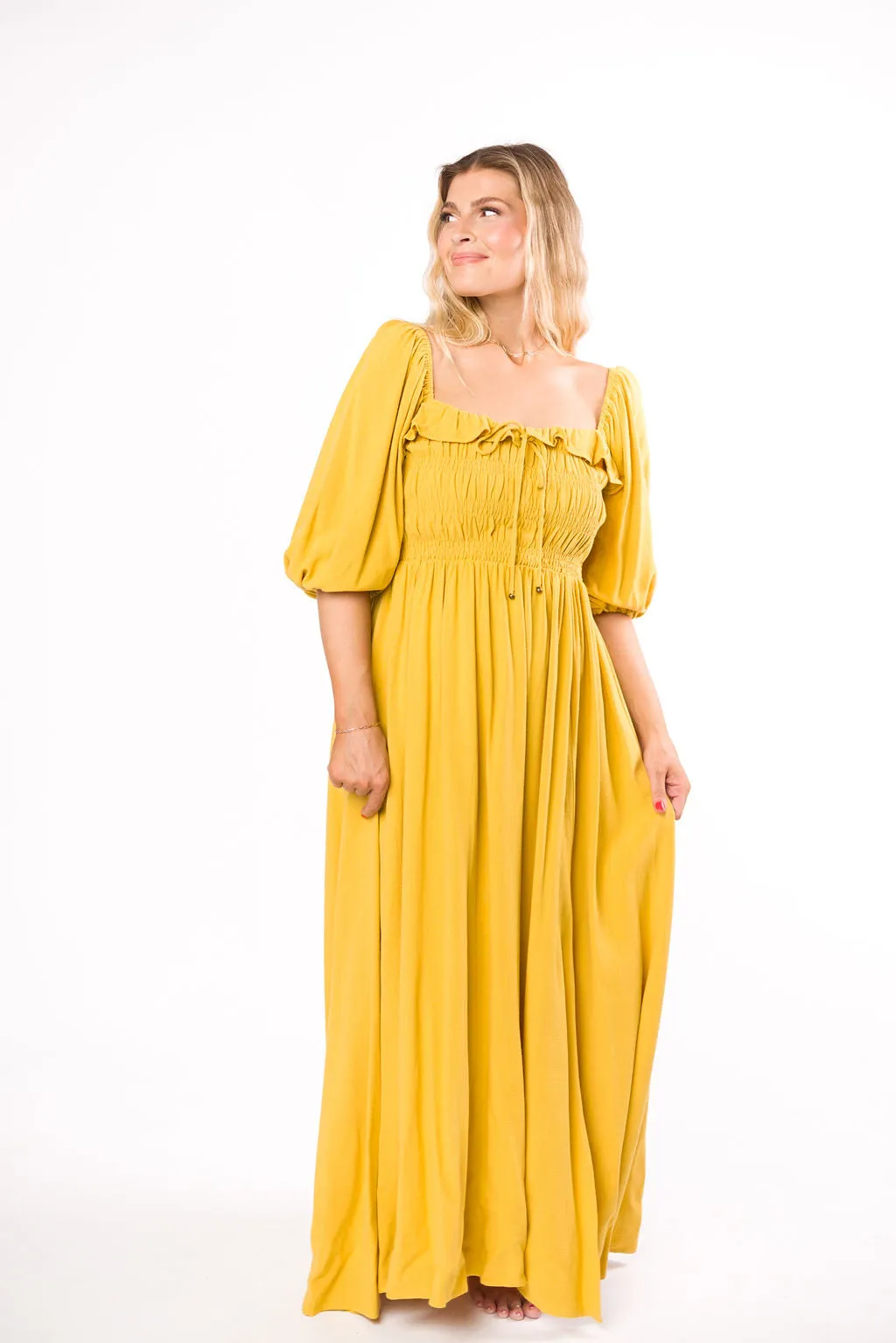 Devon Smocked Maxi Dress in Mustard - Bump Friendly