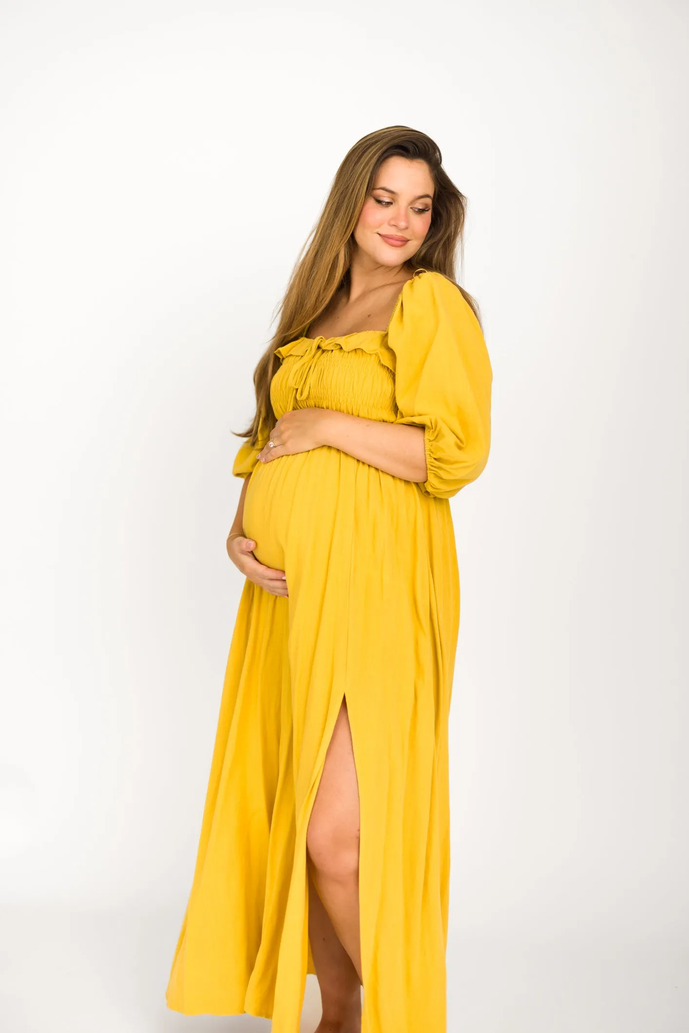 Devon Smocked Maxi Dress in Mustard - Bump Friendly