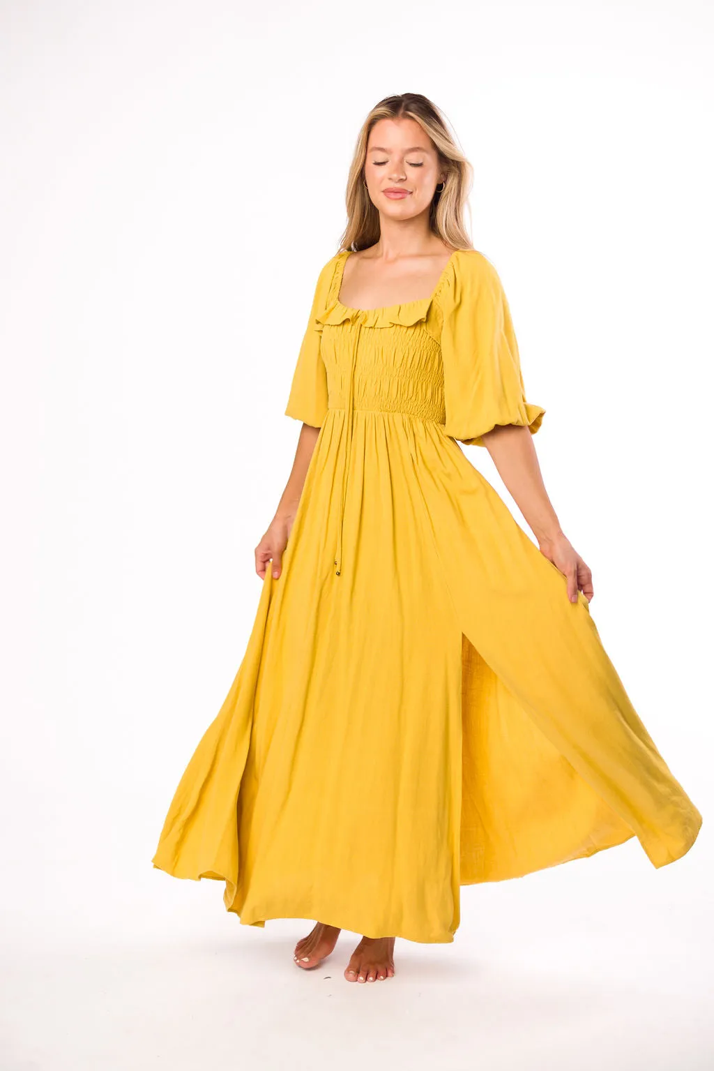 Devon Smocked Maxi Dress in Mustard - Bump Friendly