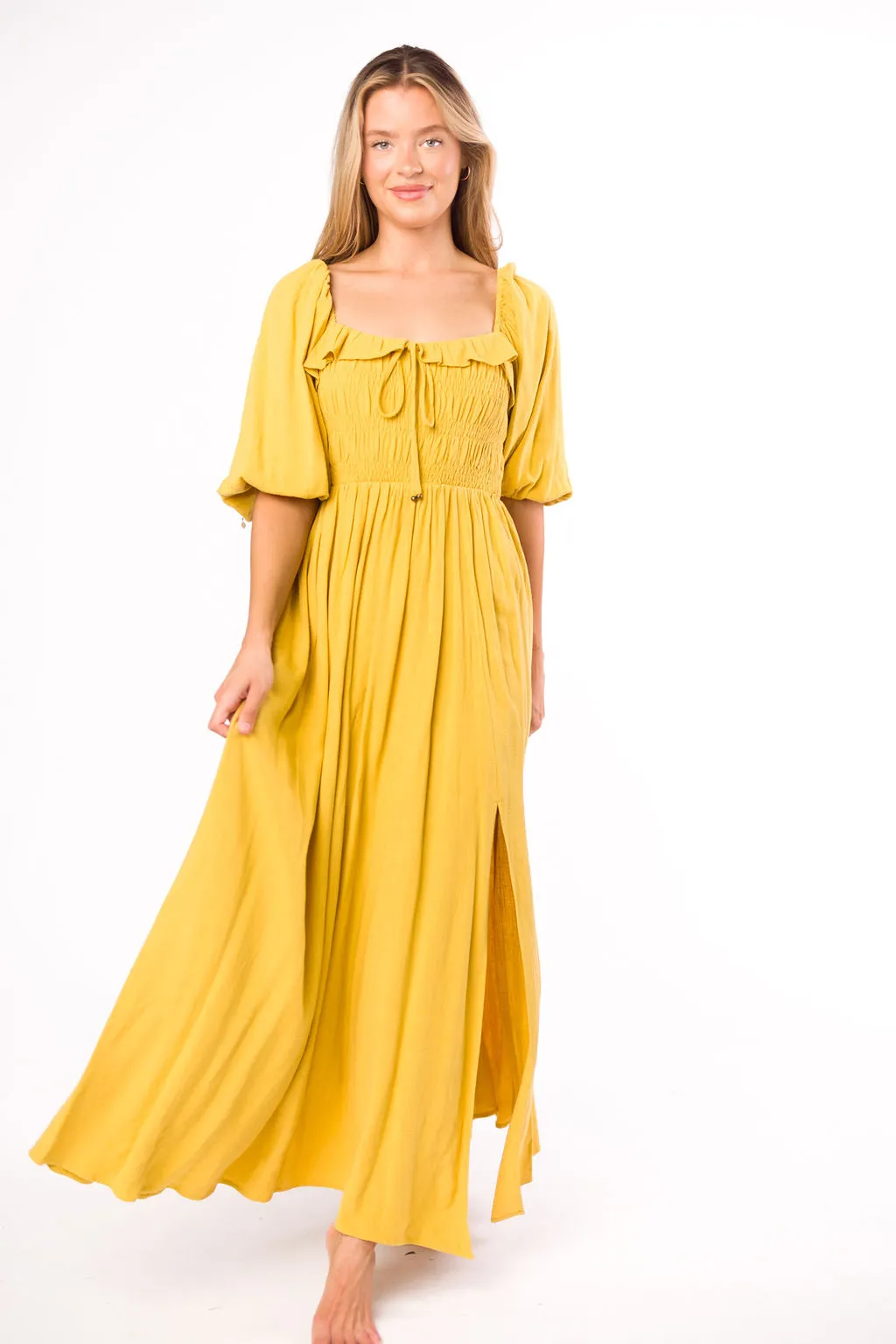 Devon Smocked Maxi Dress in Mustard - Bump Friendly
