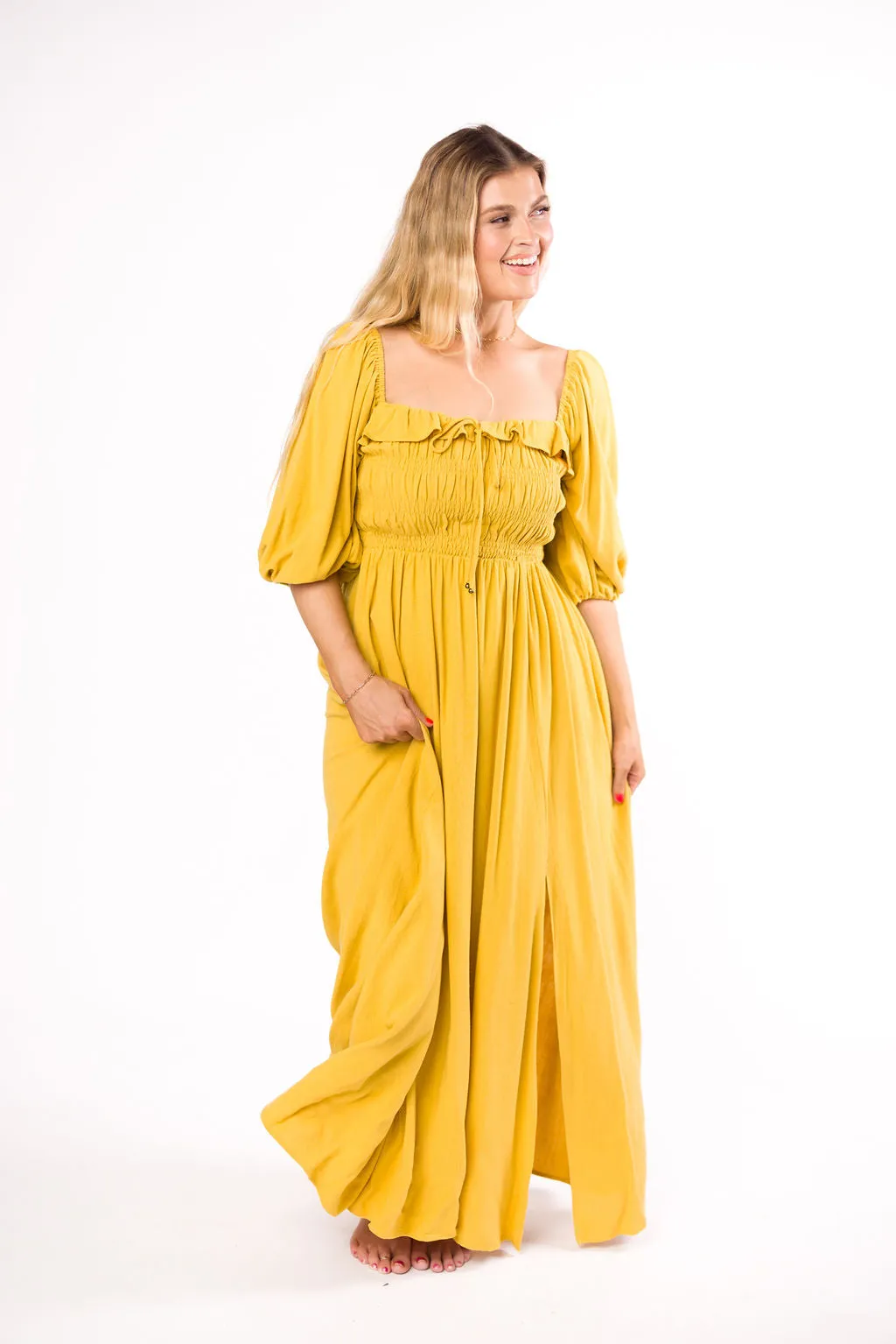 Devon Smocked Maxi Dress in Mustard - Bump Friendly