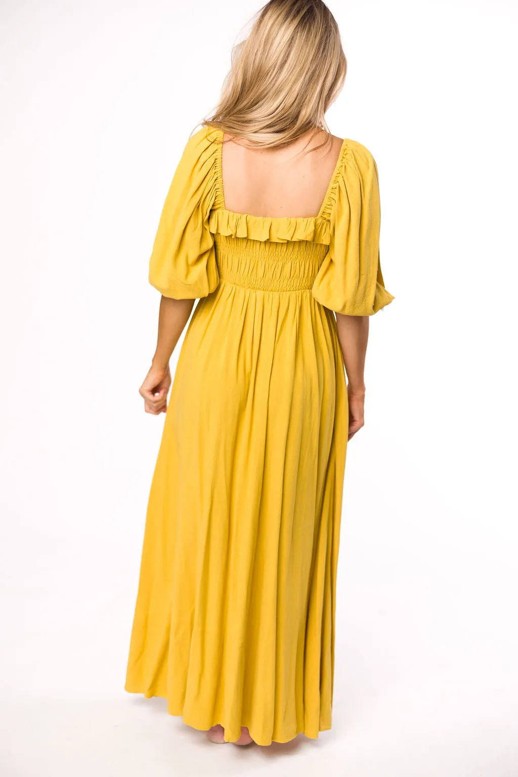 Devon Smocked Maxi Dress in Mustard - Bump Friendly