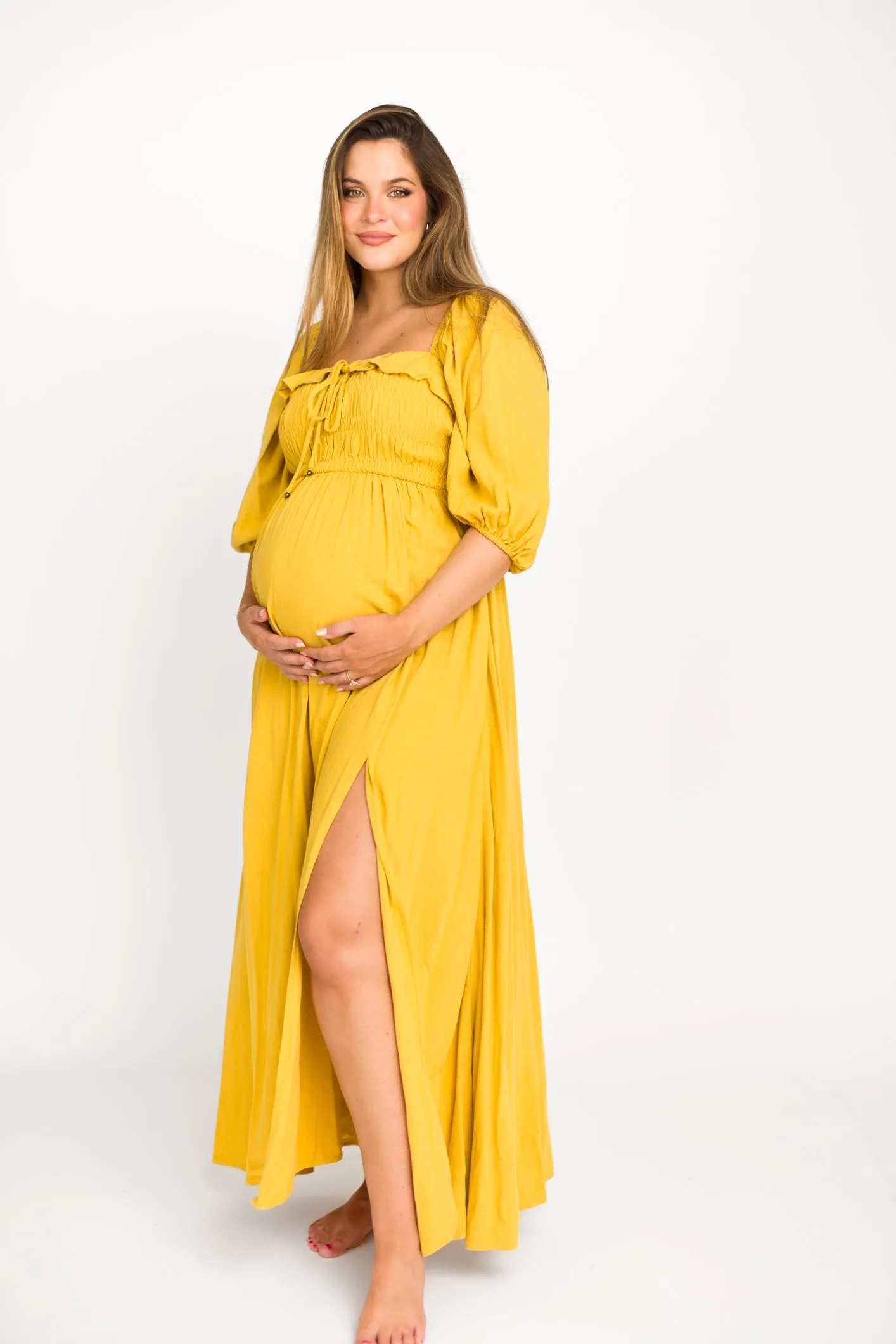 Devon Smocked Maxi Dress in Mustard - Bump Friendly