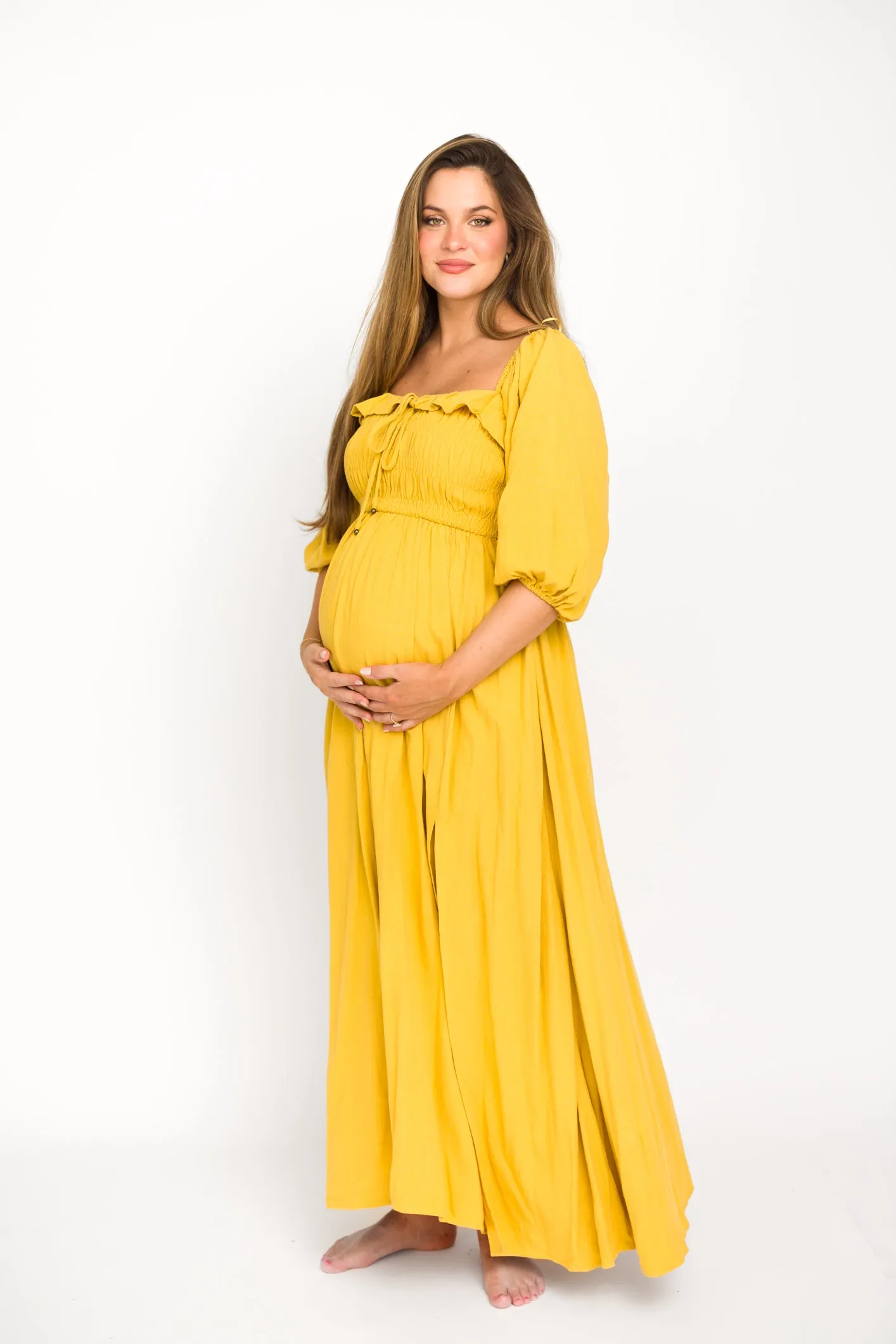 Devon Smocked Maxi Dress in Mustard - Bump Friendly